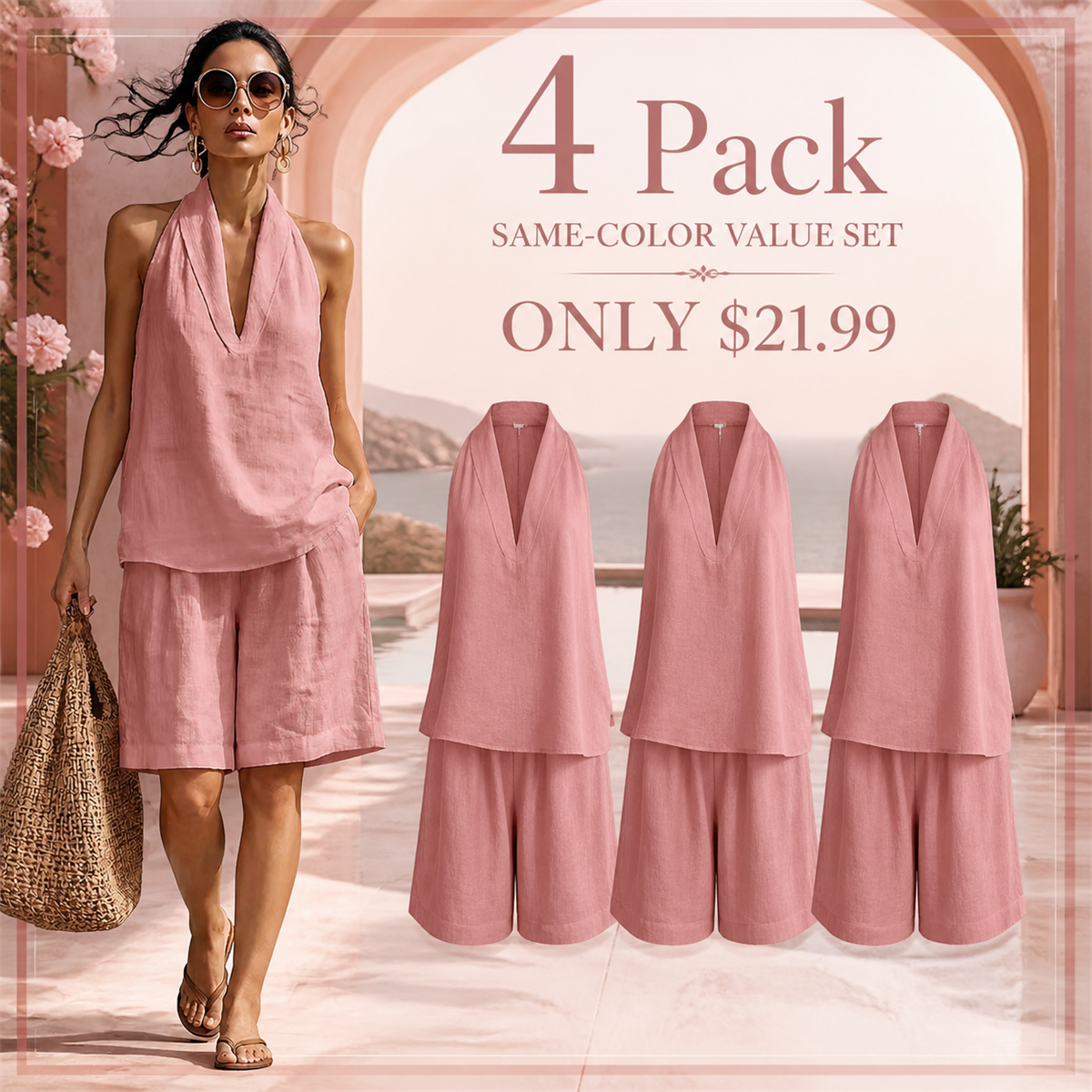 Women's Relaxed Halter-Neck Sleeveless Top and Knee-Length Shorts Set - 4-Piece Dusty Rose Set - $21.99