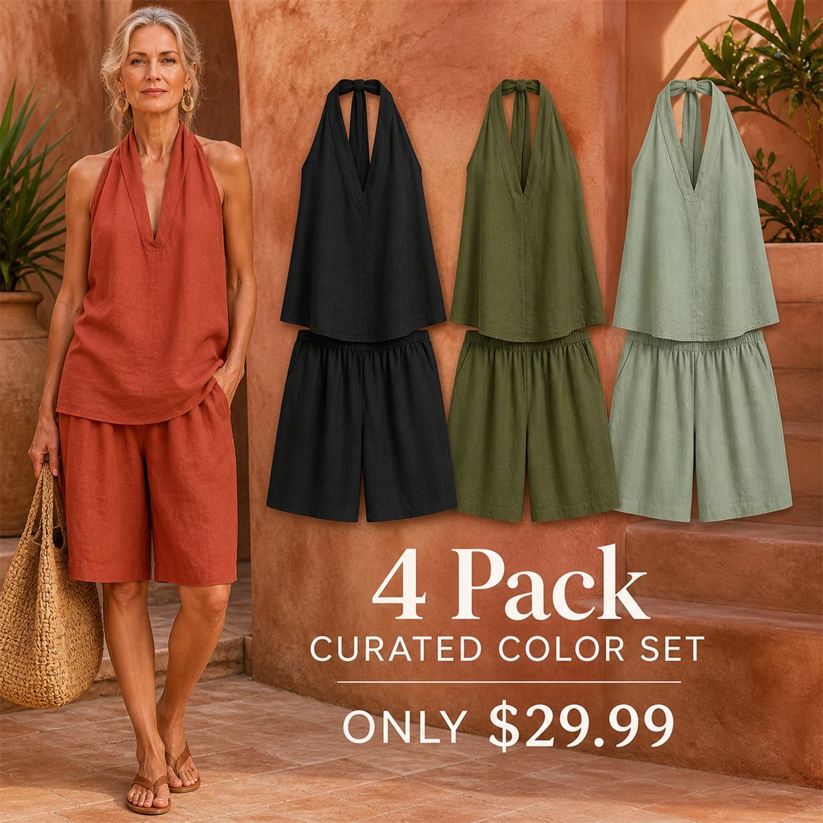 Women's Relaxed Halter-Neck Sleeveless Top and Knee-Length Shorts Set - 4-Piece Soft Color Set - $29.99