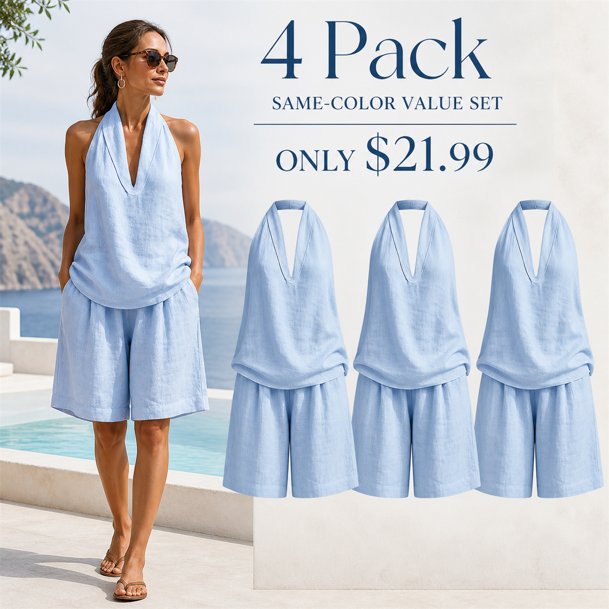 Women's Relaxed Halter-Neck Sleeveless Top and Knee-Length Shorts Set - 4-Piece Light Blue Set - $21.99