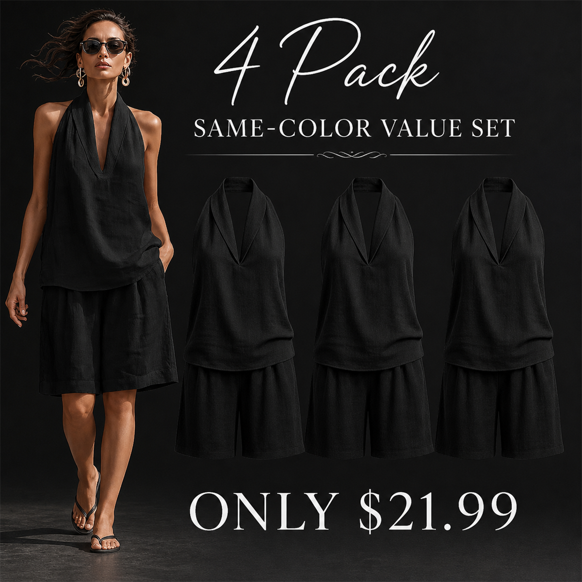 Women's Relaxed Halter-Neck Sleeveless Top and Knee-Length Shorts Set - 4-Piece Black Set - $21.99