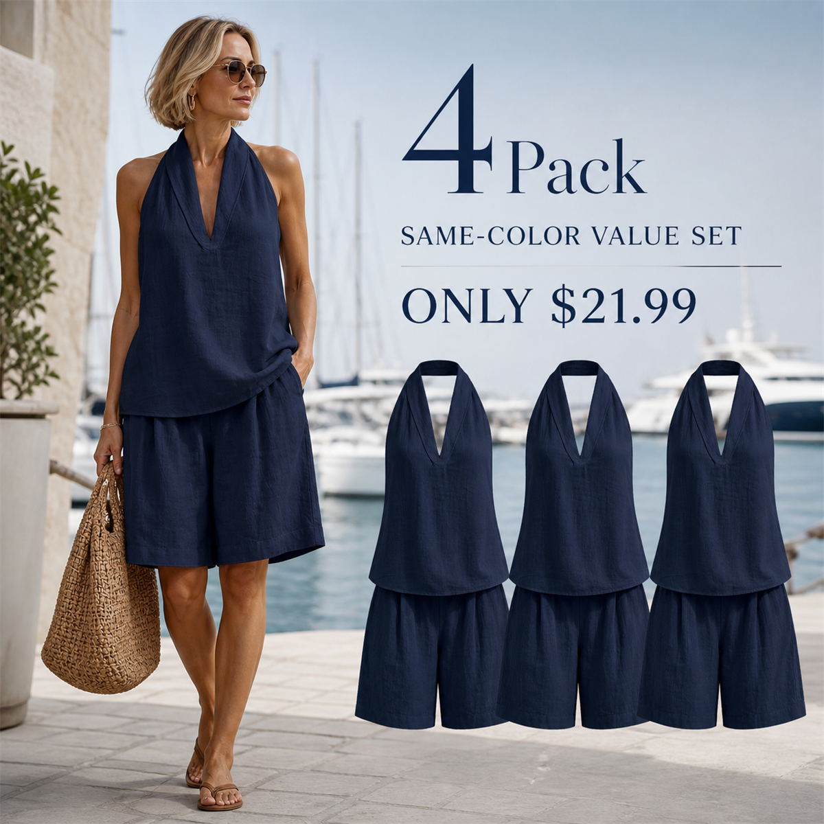 Women's Relaxed Halter-Neck Sleeveless Top and Knee-Length Shorts Set - 4-Piece Navy Set - $21.99