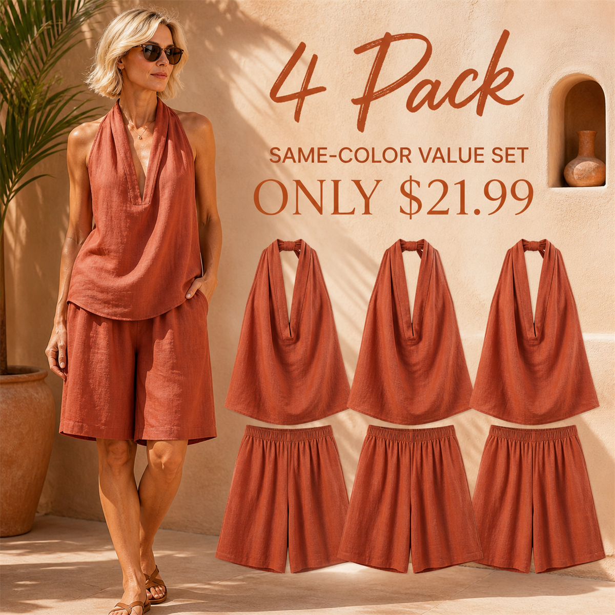 Women's Relaxed Halter-Neck Sleeveless Top and Knee-Length Shorts Set - 4-Piece Terracotta Set - $21.99