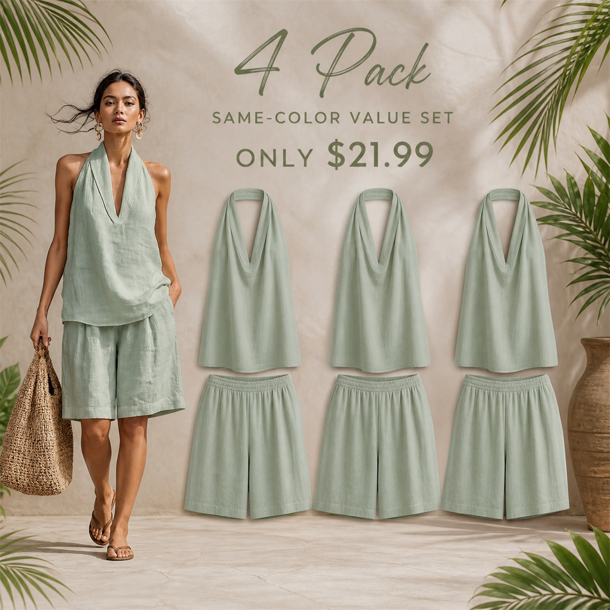 Women's Relaxed Halter-Neck Sleeveless Top and Knee-Length Shorts Set - 4-Piece Sage Green Set - $21.99