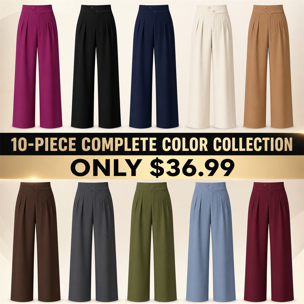 Women's High-Waist Pleated Wide-Leg Trousers - 10-Piece Complete Color Collection - $36.99