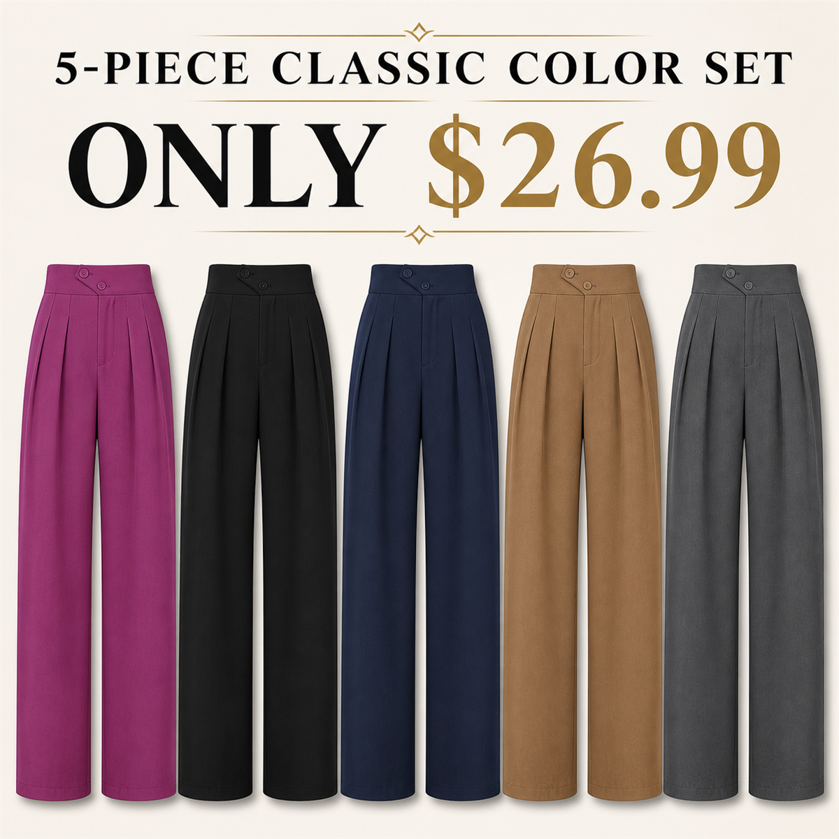Women's High-Waist Pleated Wide-Leg Trousers - 5-Piece Classic Color Set - $26.99