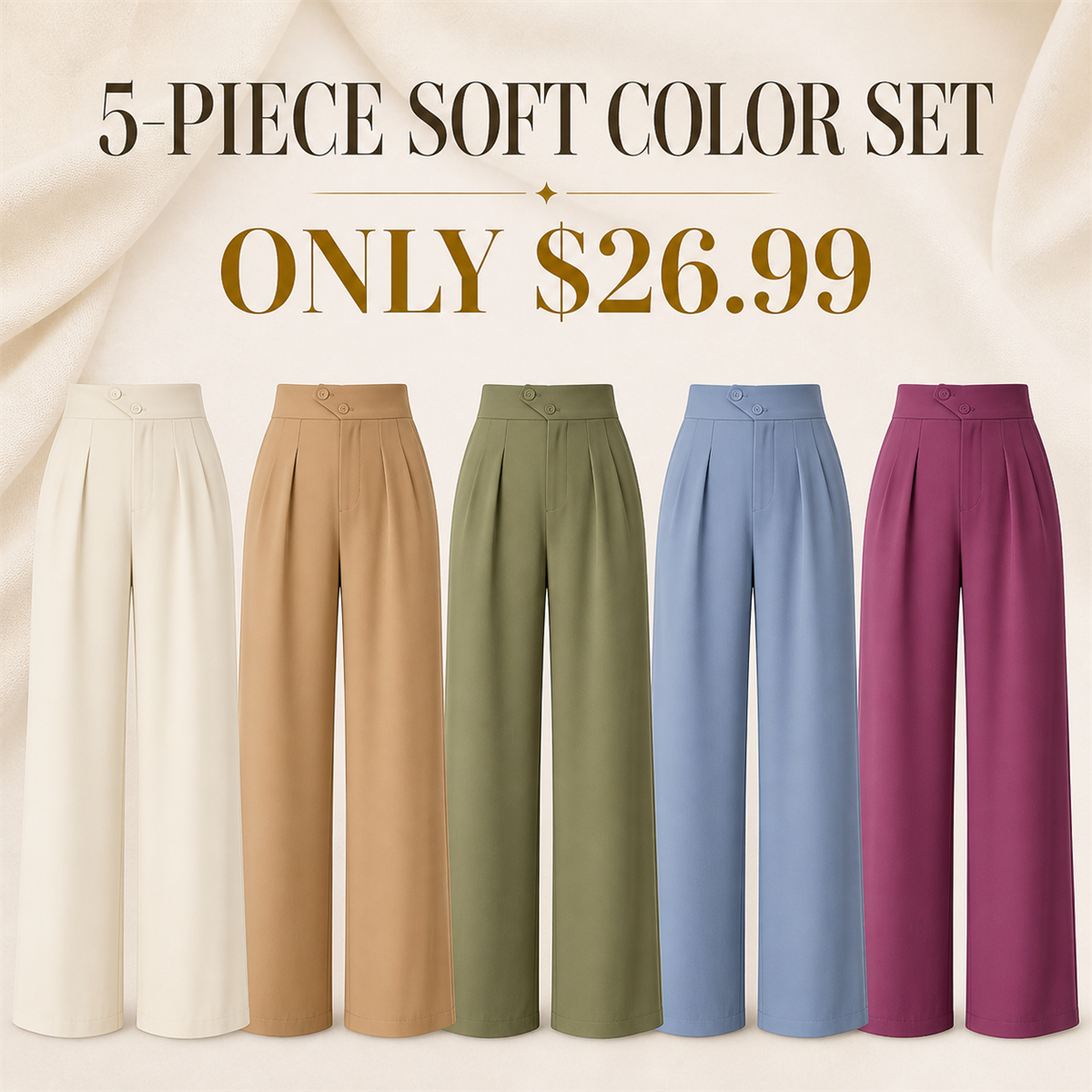 Women's High-Waist Pleated Wide-Leg Trousers - 5-Piece Soft Color Set - $26.99