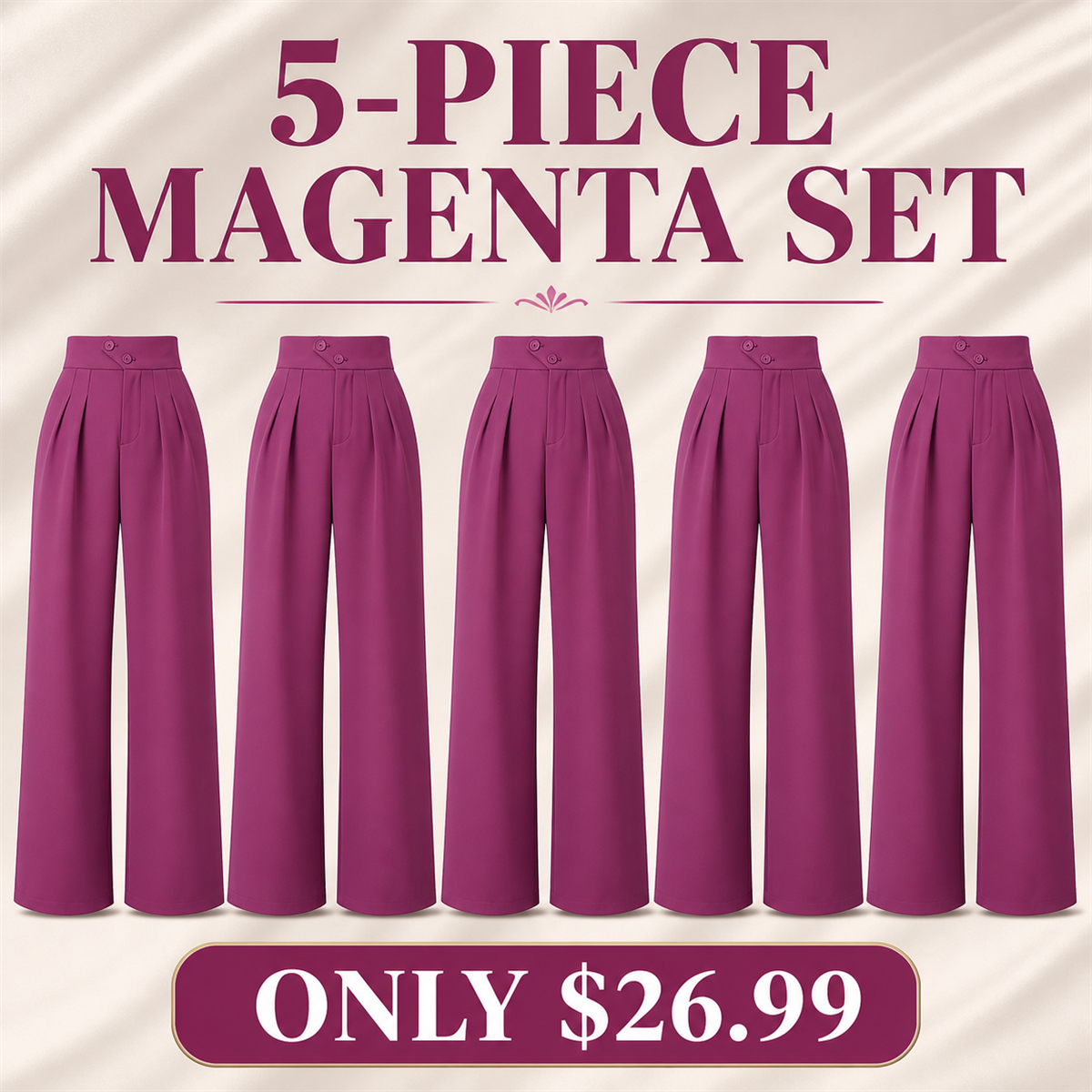 Women's High-Waist Pleated Wide-Leg Trousers - 5-Piece Magenta Set - $26.99