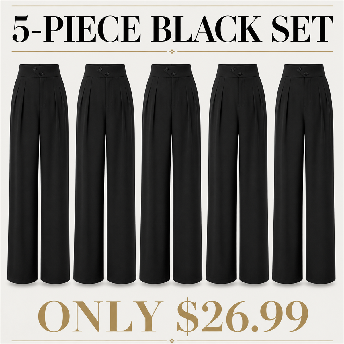 Women's High-Waist Pleated Wide-Leg Trousers - 5-Piece Black Set - $26.99