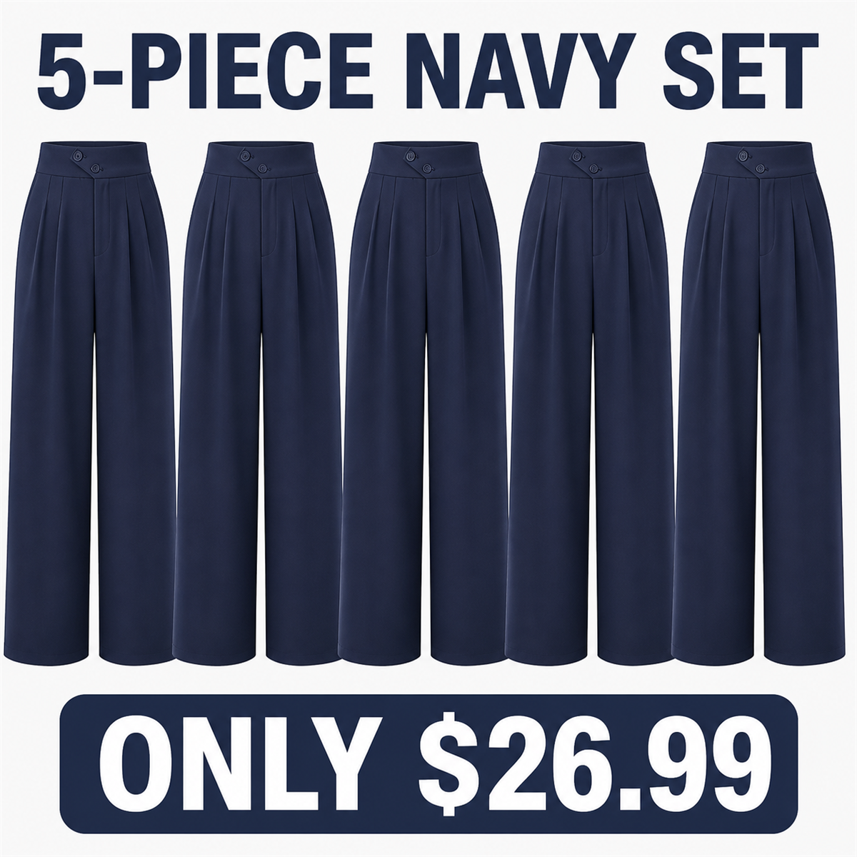 Women's High-Waist Pleated Wide-Leg Trousers - 5-Piece Navy Set - $26.99