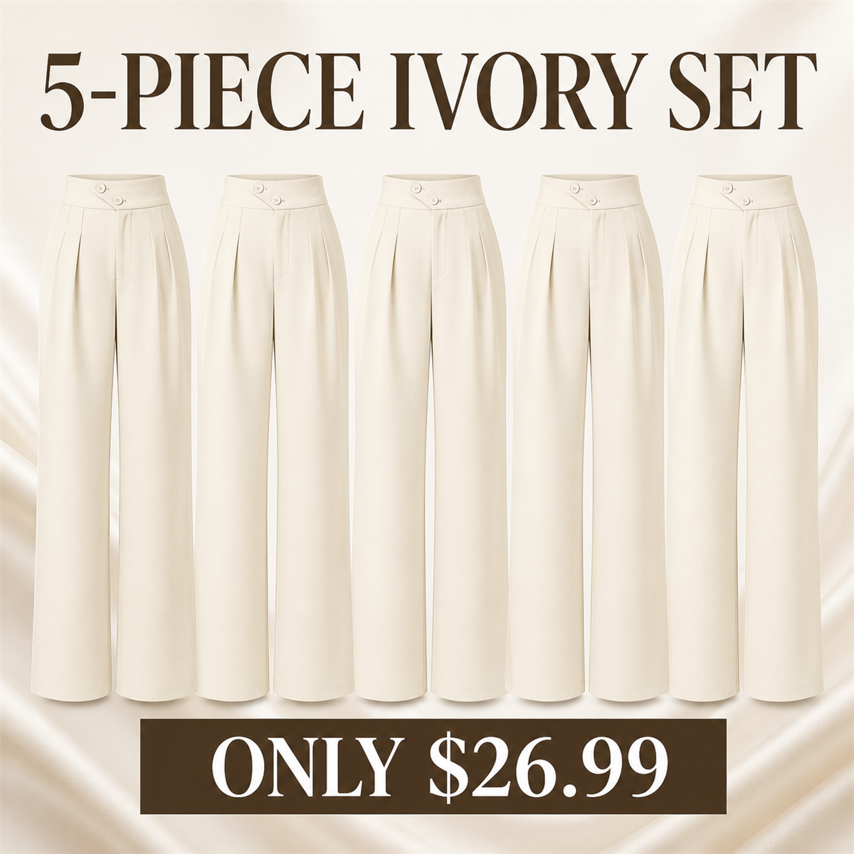 Women's High-Waist Pleated Wide-Leg Trousers - 5-Piece Ivory Set - $26.99