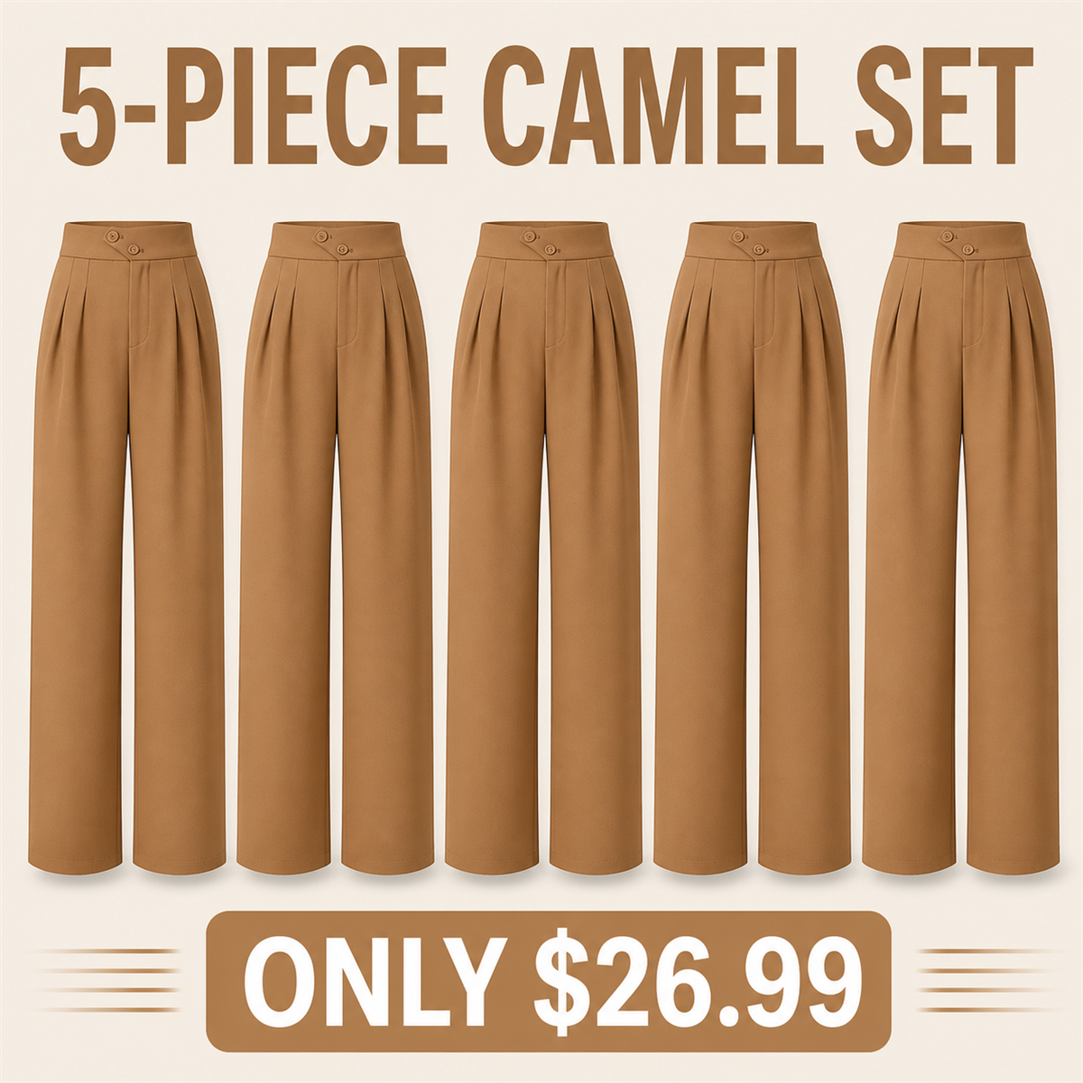 Women's High-Waist Pleated Wide-Leg Trousers - 5-Piece Camel Set - $26.99