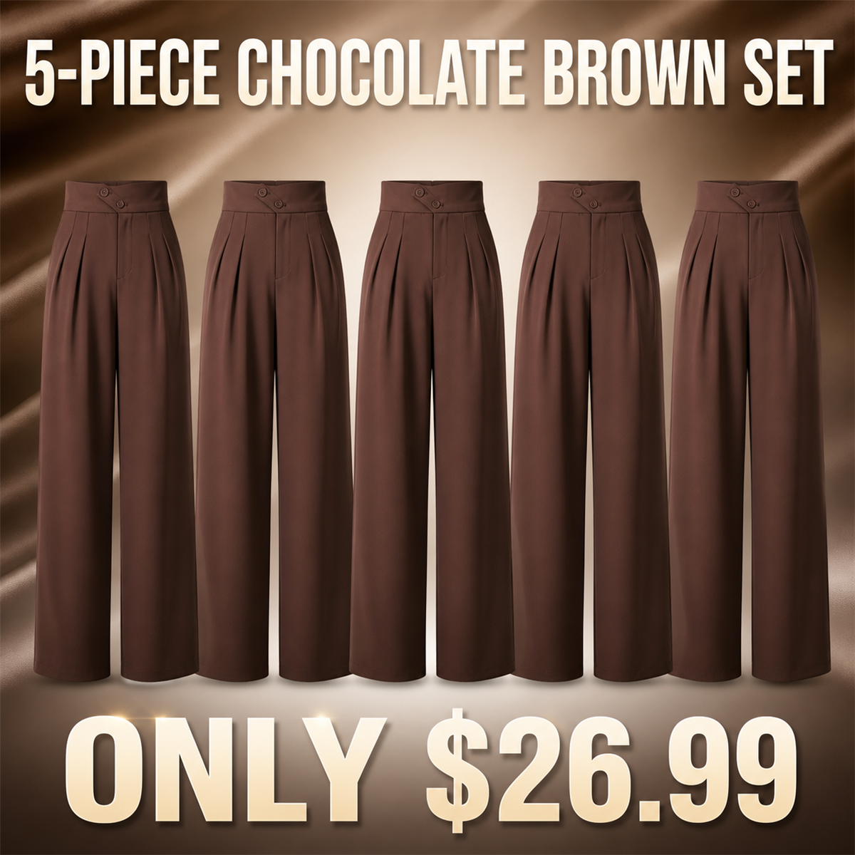 Women's High-Waist Pleated Wide-Leg Trousers - 5-Piece Chocolate Brown Set - $26.99