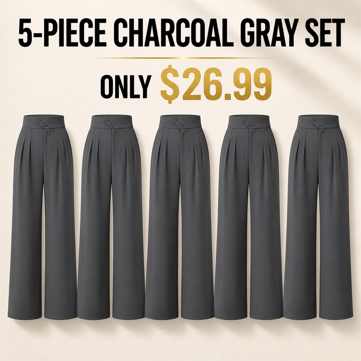 Women's High-Waist Pleated Wide-Leg Trousers - 5-Piece Charcoal Gray Set - $26.99