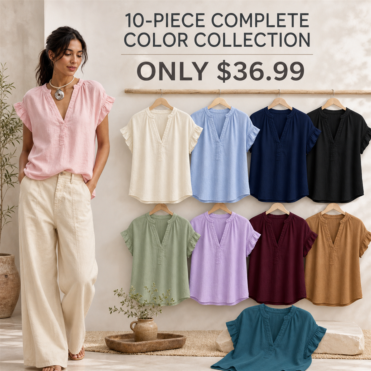 Women's Textured V-Neck Flutter-Sleeve Blouse - 10-Piece Complete Color Collection - $36.99