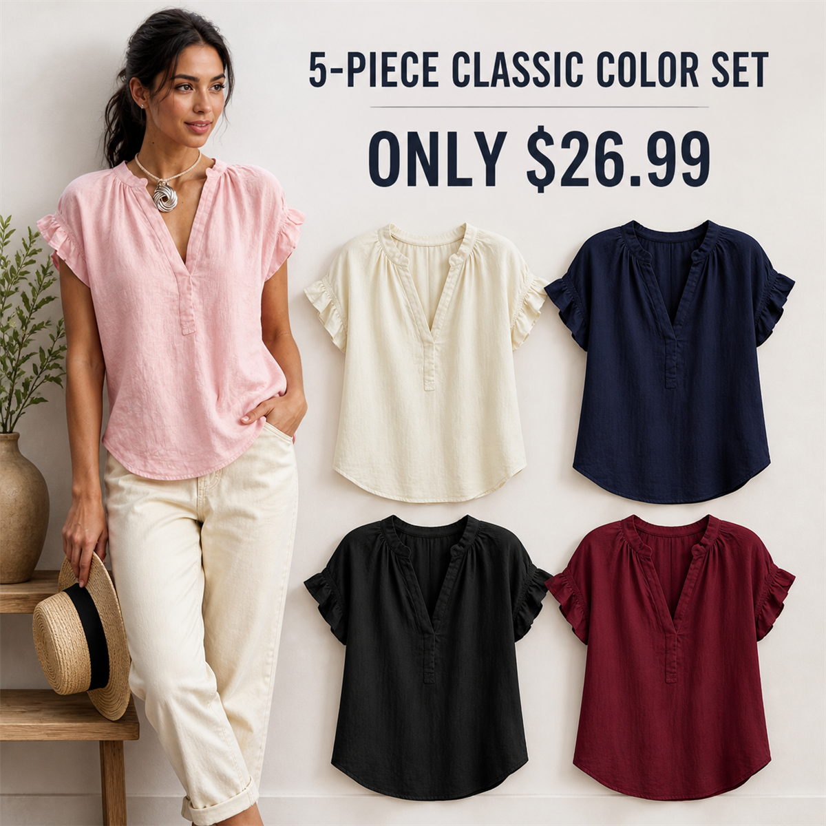 Women's Textured V-Neck Flutter-Sleeve Blouse - 5-Piece Classic Color Set - $26.99