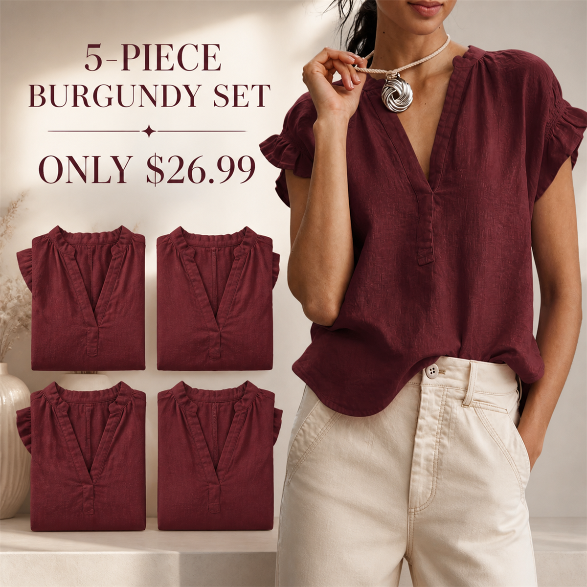 Women's Textured V-Neck Flutter-Sleeve Blouse - 5-Piece Burgundy Set - $26.99