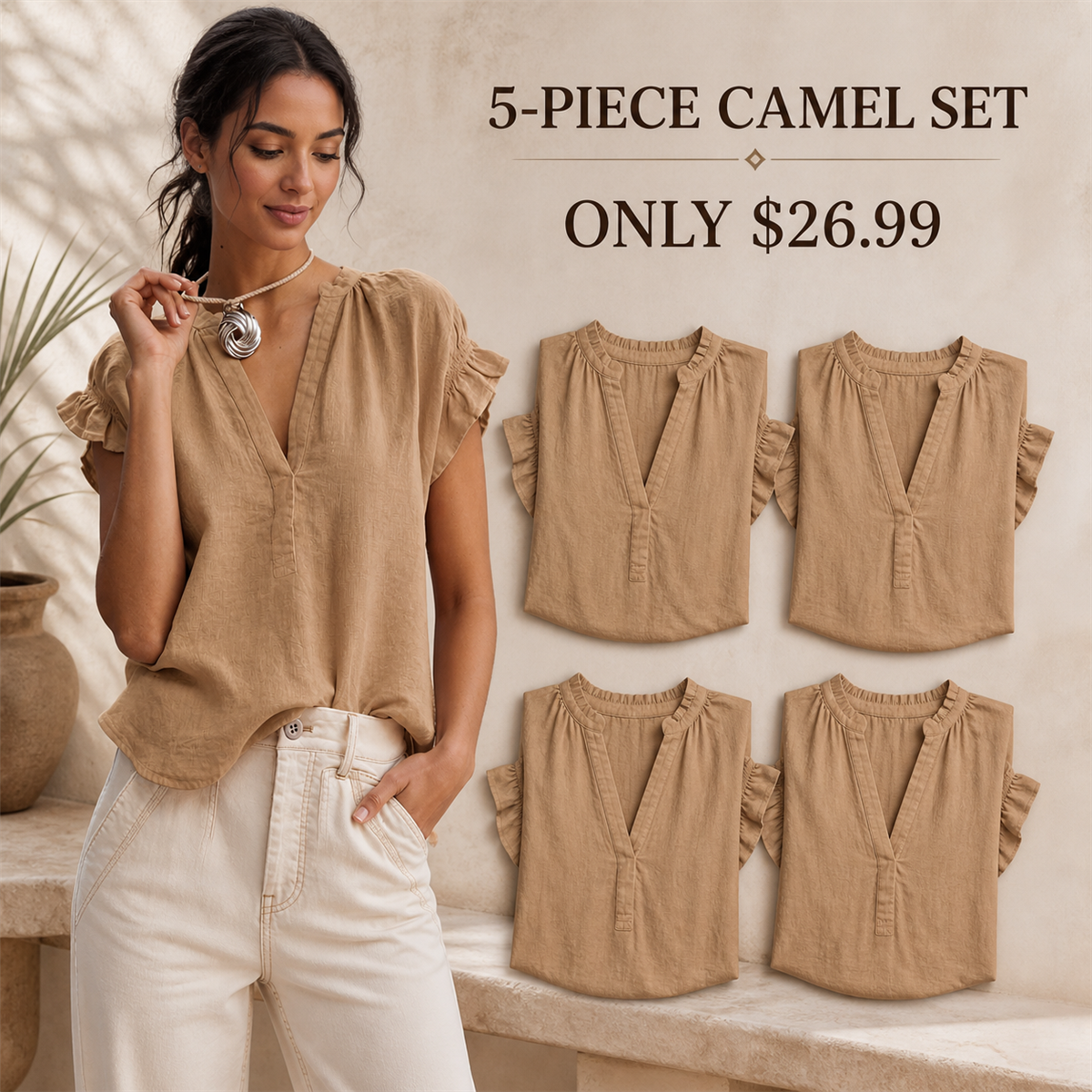 Women's Textured V-Neck Flutter-Sleeve Blouse - 5-Piece Camel Set - $26.99
