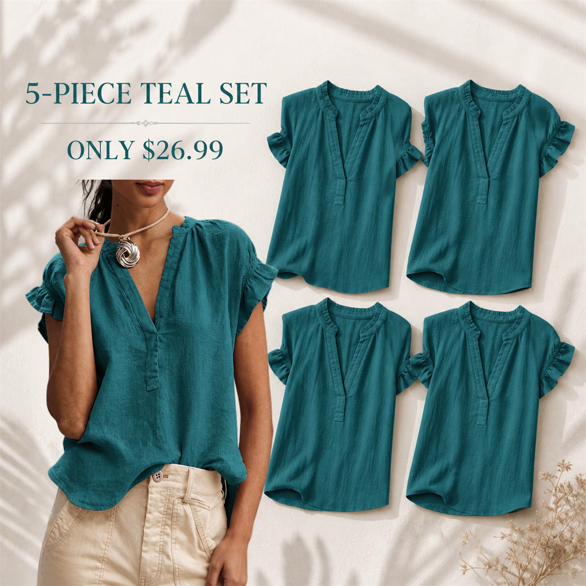 Women's Textured V-Neck Flutter-Sleeve Blouse - 5-Piece Teal Set - $26.99