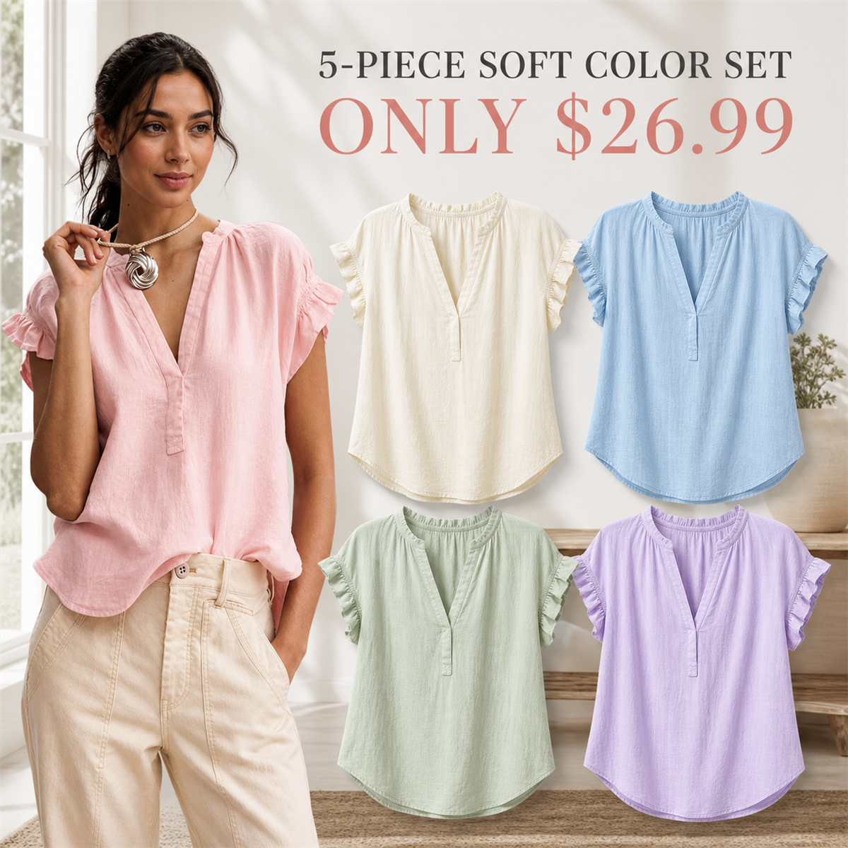 Women's Textured V-Neck Flutter-Sleeve Blouse - 5-Piece Soft Color Set - $26.99