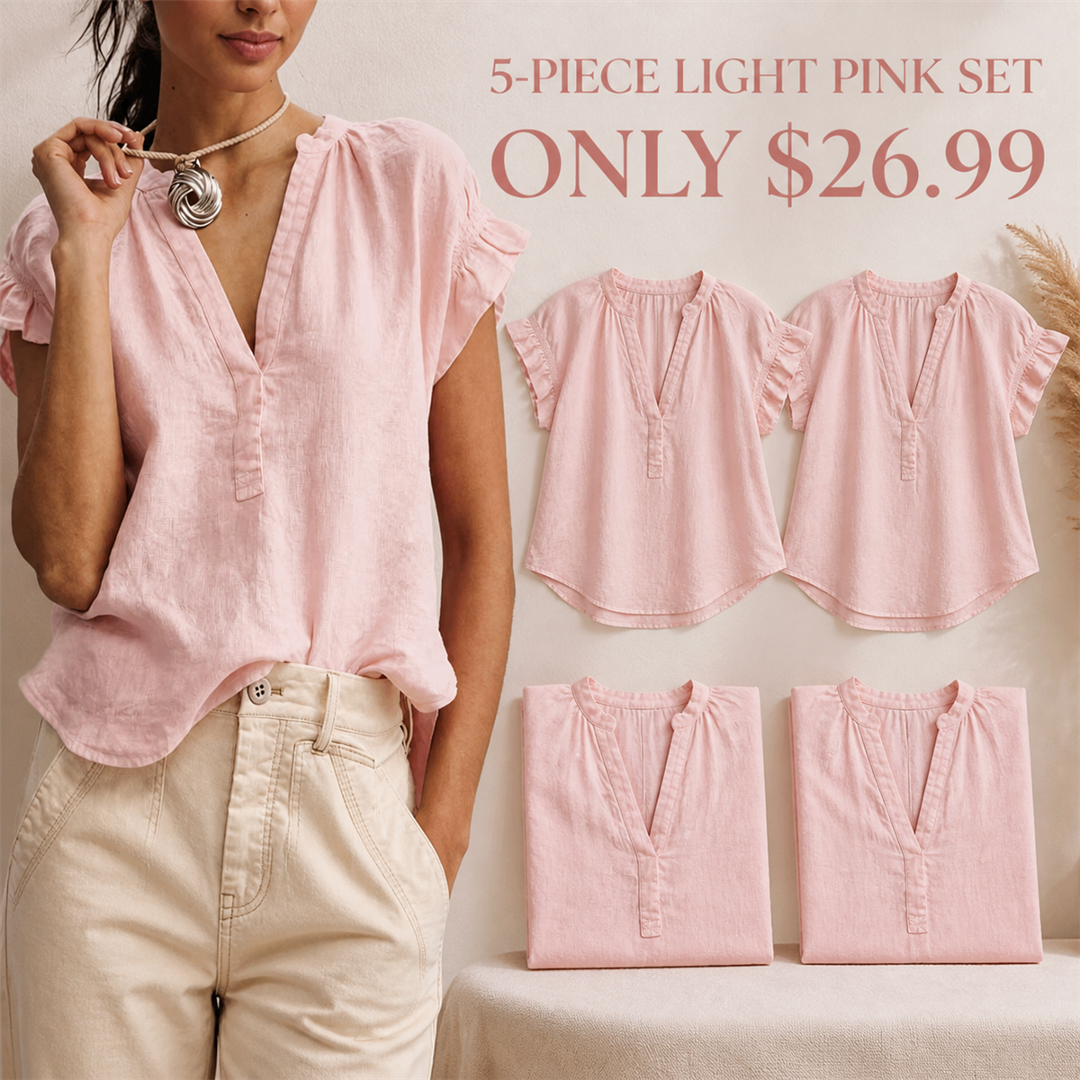 Women's Textured V-Neck Flutter-Sleeve Blouse - 5-Piece Light Pink Set - $26.99