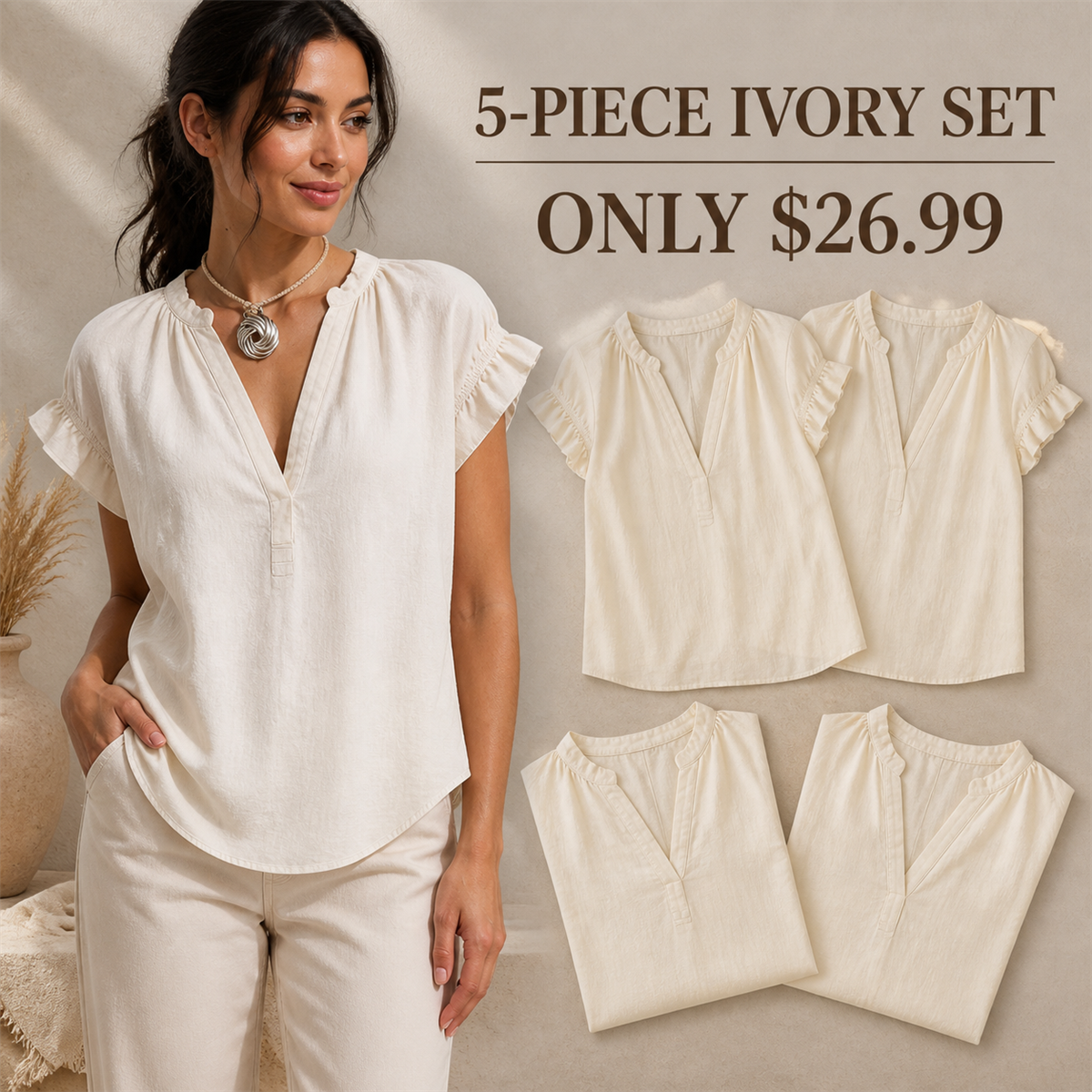 Women's Textured V-Neck Flutter-Sleeve Blouse - 5-Piece Ivory Set - $26.99