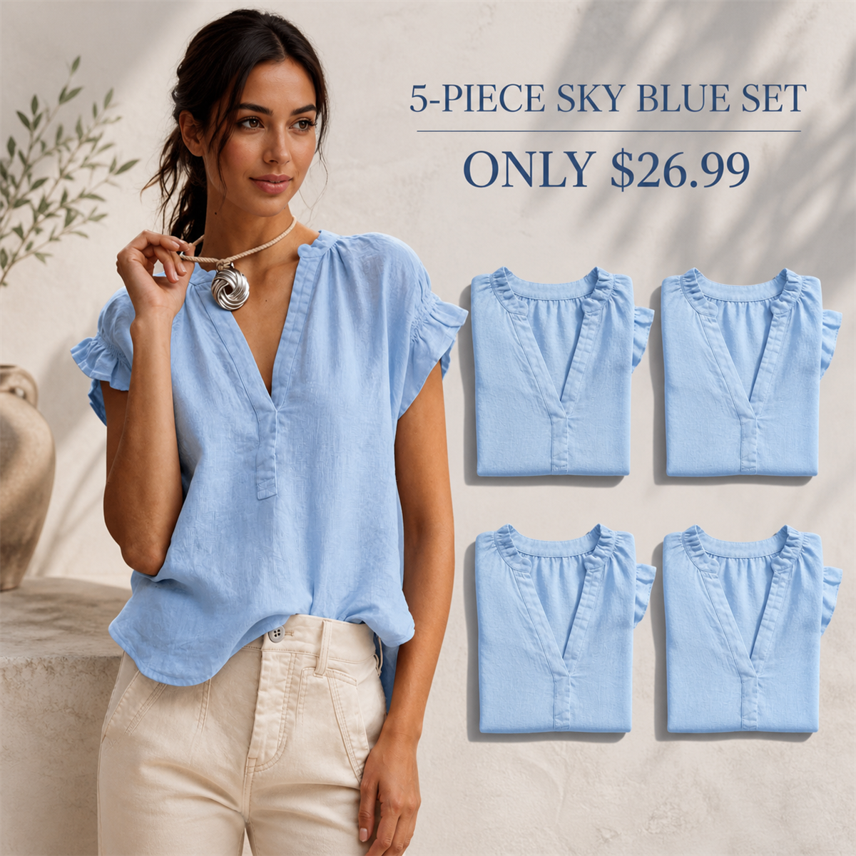 Women's Textured V-Neck Flutter-Sleeve Blouse - 5-Piece Sky Blue Set - $26.99