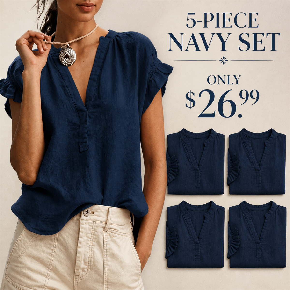 Women's Textured V-Neck Flutter-Sleeve Blouse - 5-Piece Navy Set - $26.99