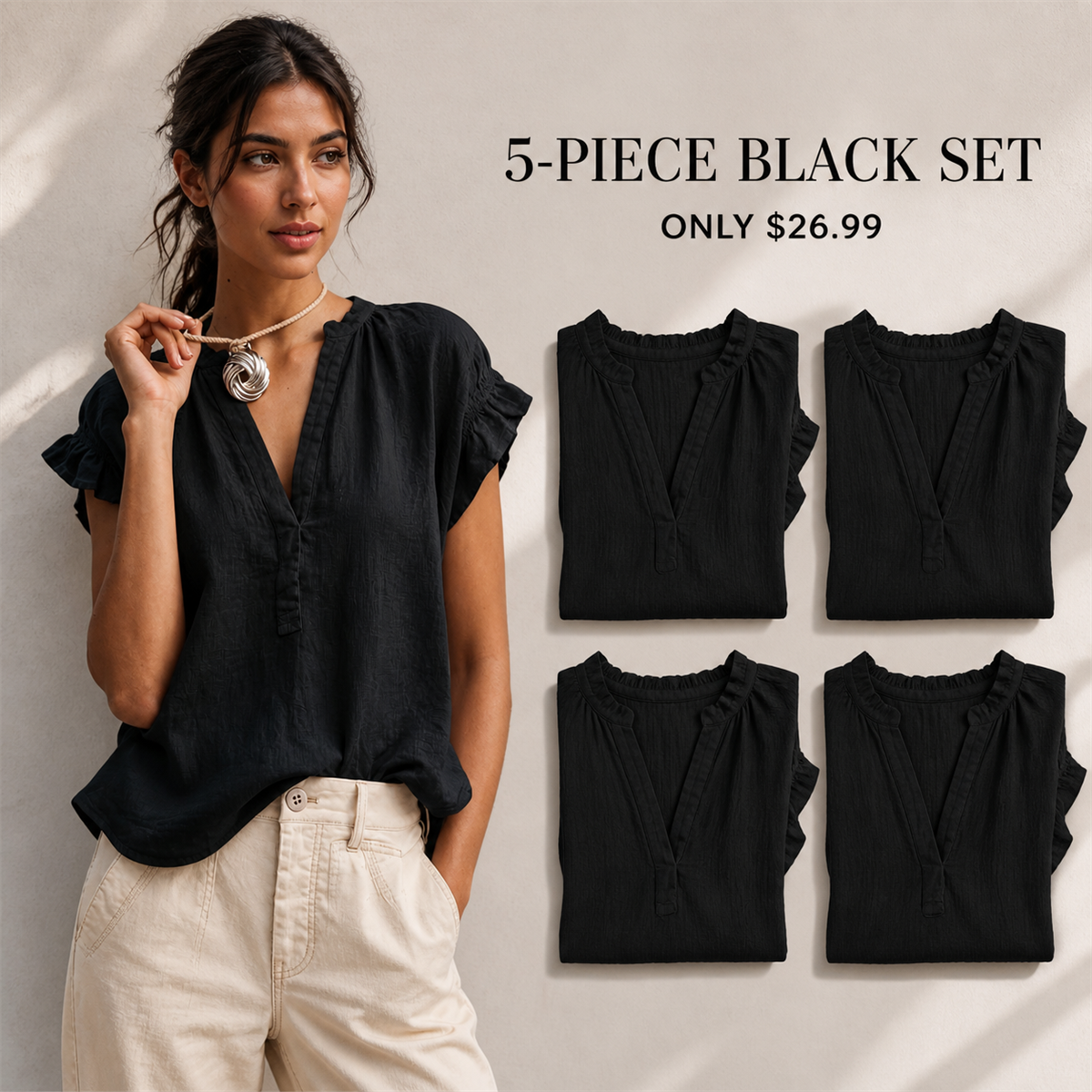 Women's Textured V-Neck Flutter-Sleeve Blouse - 5-Piece Black Set - $26.99