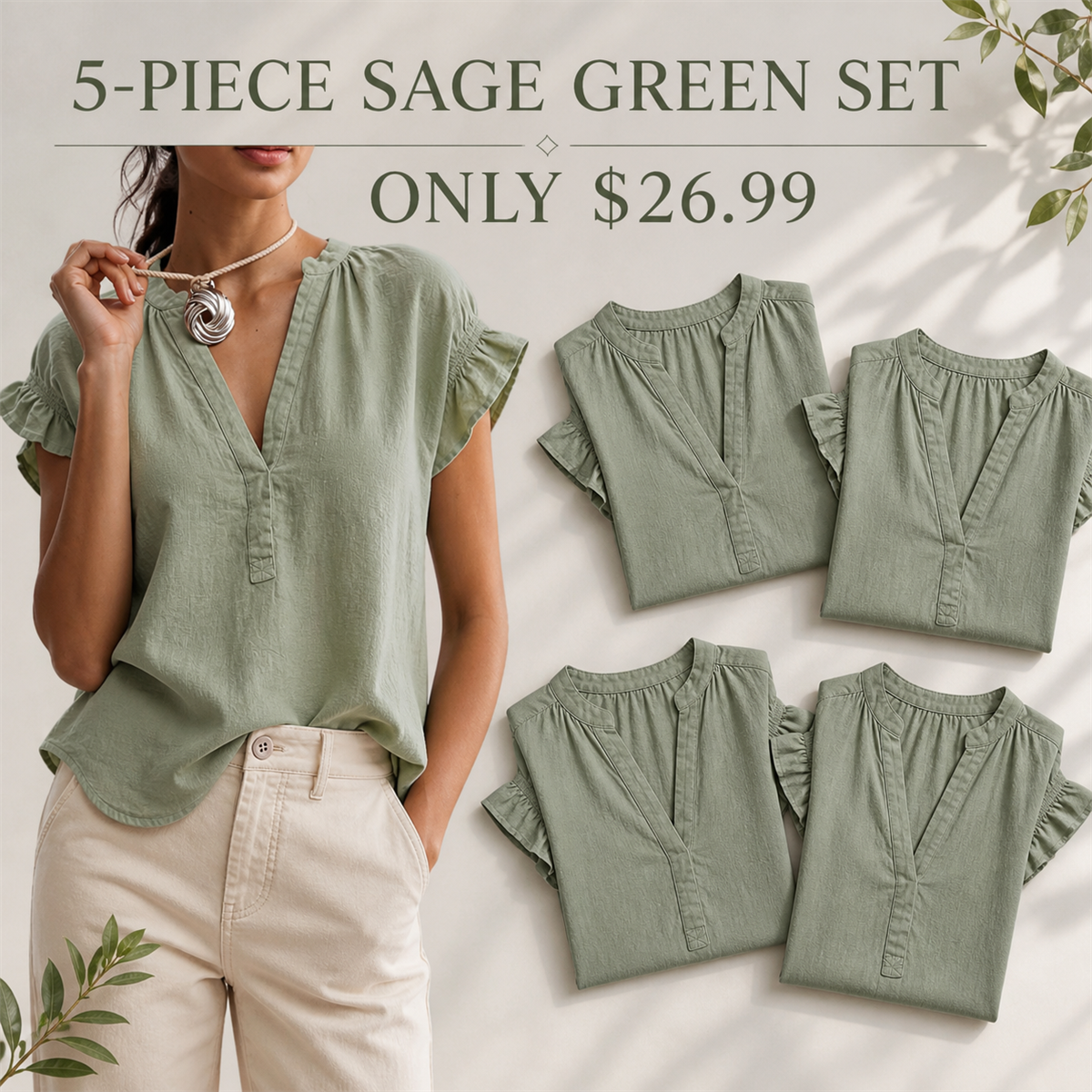 Women's Textured V-Neck Flutter-Sleeve Blouse - 5-Piece Sage Green Set - $26.99