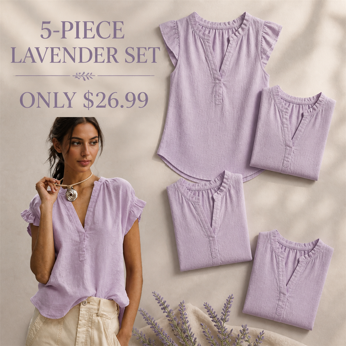 Women's Textured V-Neck Flutter-Sleeve Blouse - 5-Piece Lavender Set - $26.99