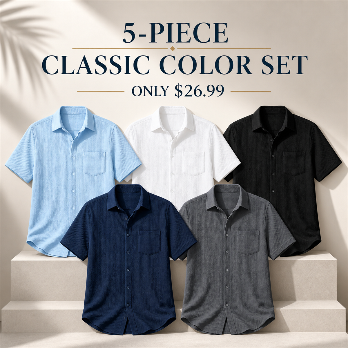 Men's Textured Short-Sleeve Button-Front Shirt with Chest Pocket - 5-Piece Classic Color Set - $26.99