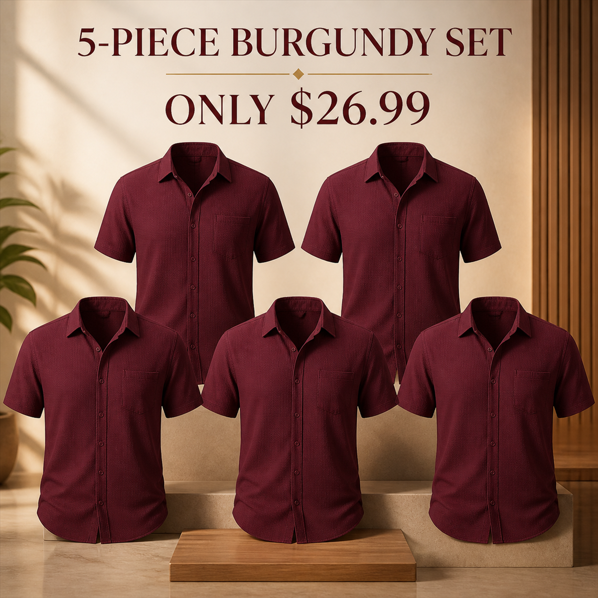 Men's Textured Short-Sleeve Button-Front Shirt with Chest Pocket - 5-Piece Burgundy Set - $26.99