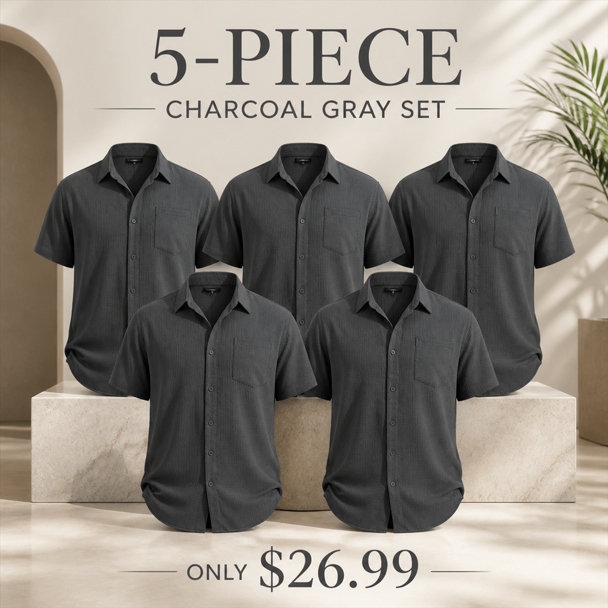 Men's Textured Short-Sleeve Button-Front Shirt with Chest Pocket - 5-Piece Charcoal Gray Set - $26.99