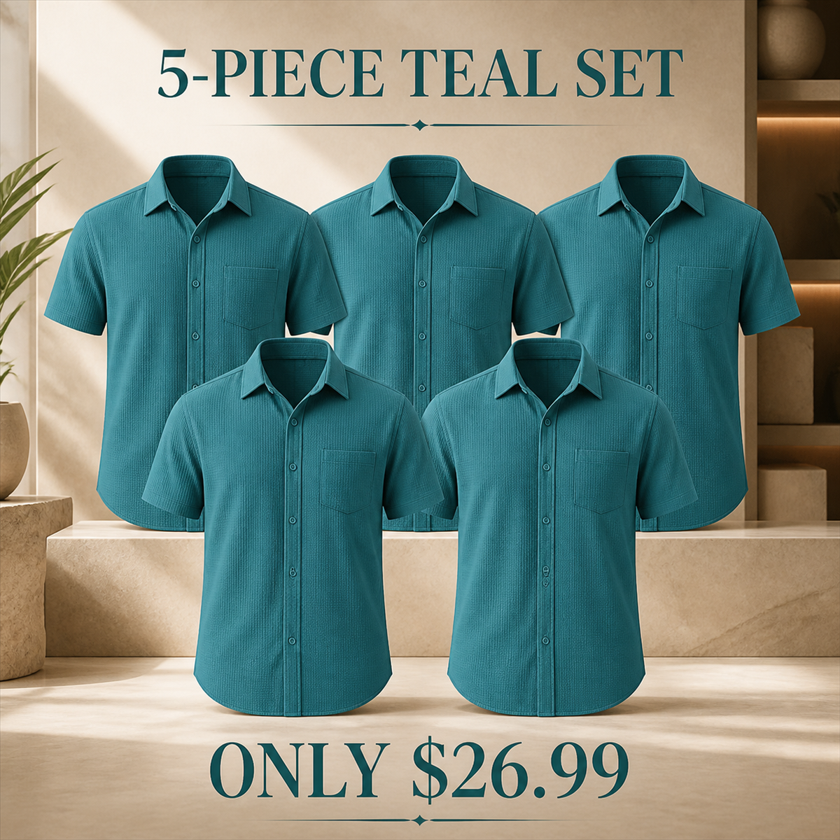 Men's Textured Short-Sleeve Button-Front Shirt with Chest Pocket - 5-Piece Teal Set - $26.99