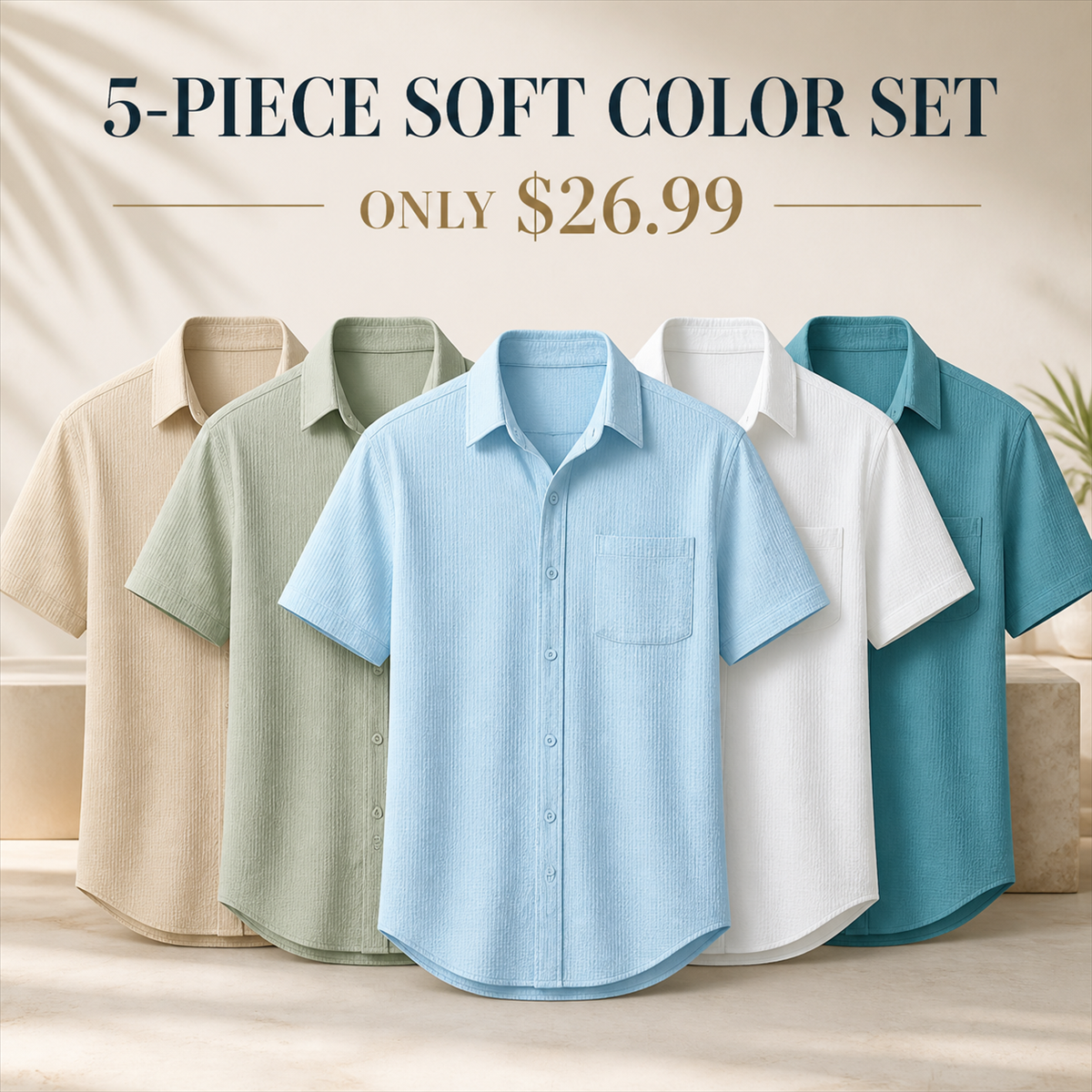 Men's Textured Short-Sleeve Button-Front Shirt with Chest Pocket - 5-Piece Soft Color Set - $26.99