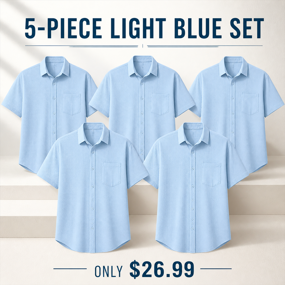 Men's Textured Short-Sleeve Button-Front Shirt with Chest Pocket - 5-Piece Light Blue Set - $26.99