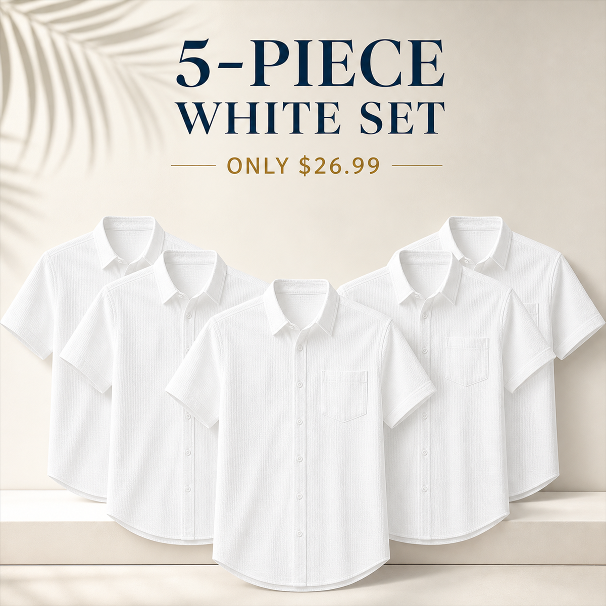 Men's Textured Short-Sleeve Button-Front Shirt with Chest Pocket - 5-Piece White Set - $26.99