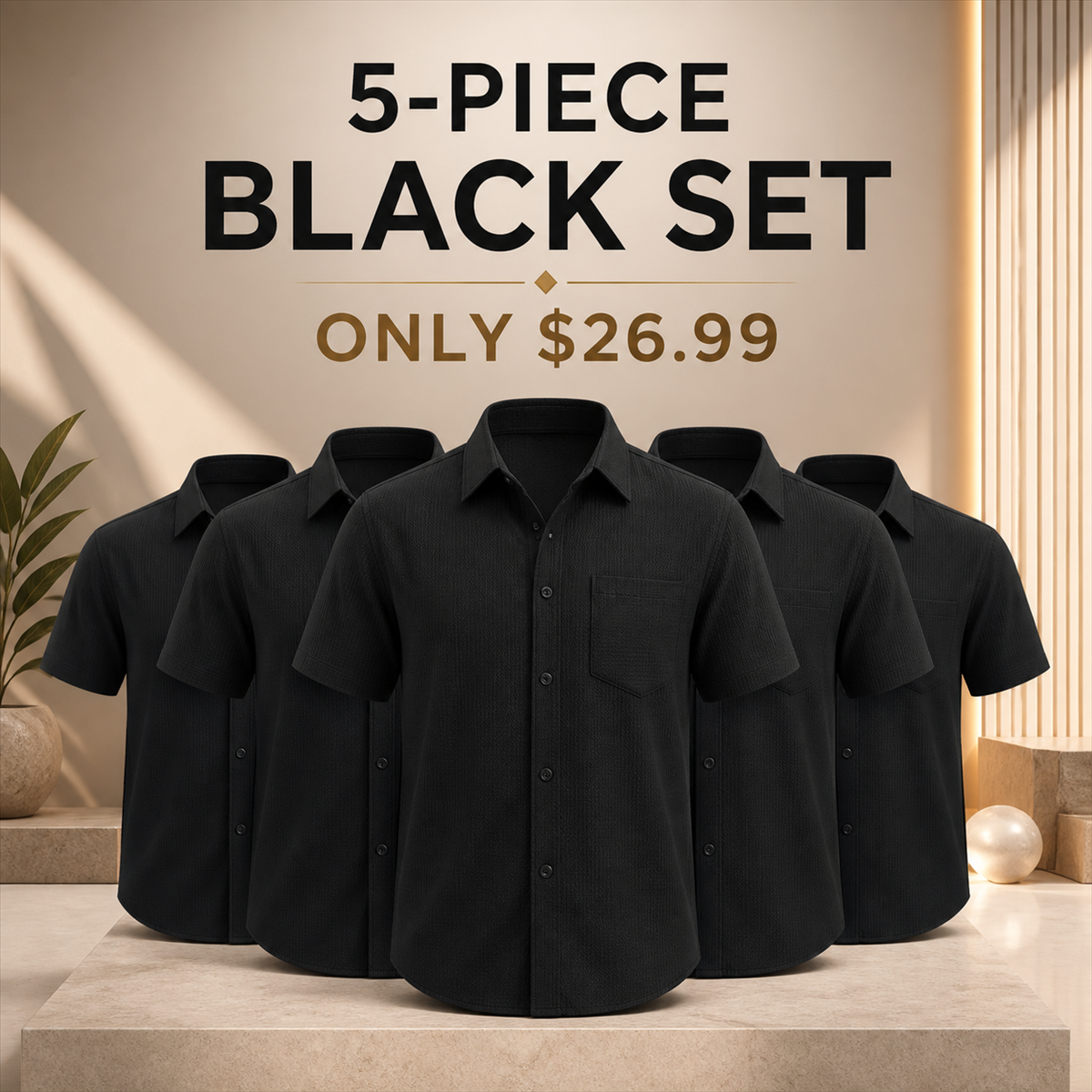 Men's Textured Short-Sleeve Button-Front Shirt with Chest Pocket - 5-Piece Black Set - $26.99
