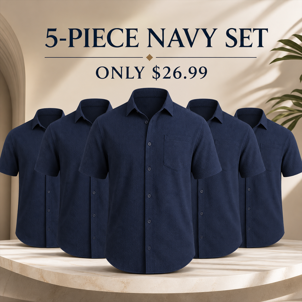 Men's Textured Short-Sleeve Button-Front Shirt with Chest Pocket - 5-Piece Navy Set - $26.99