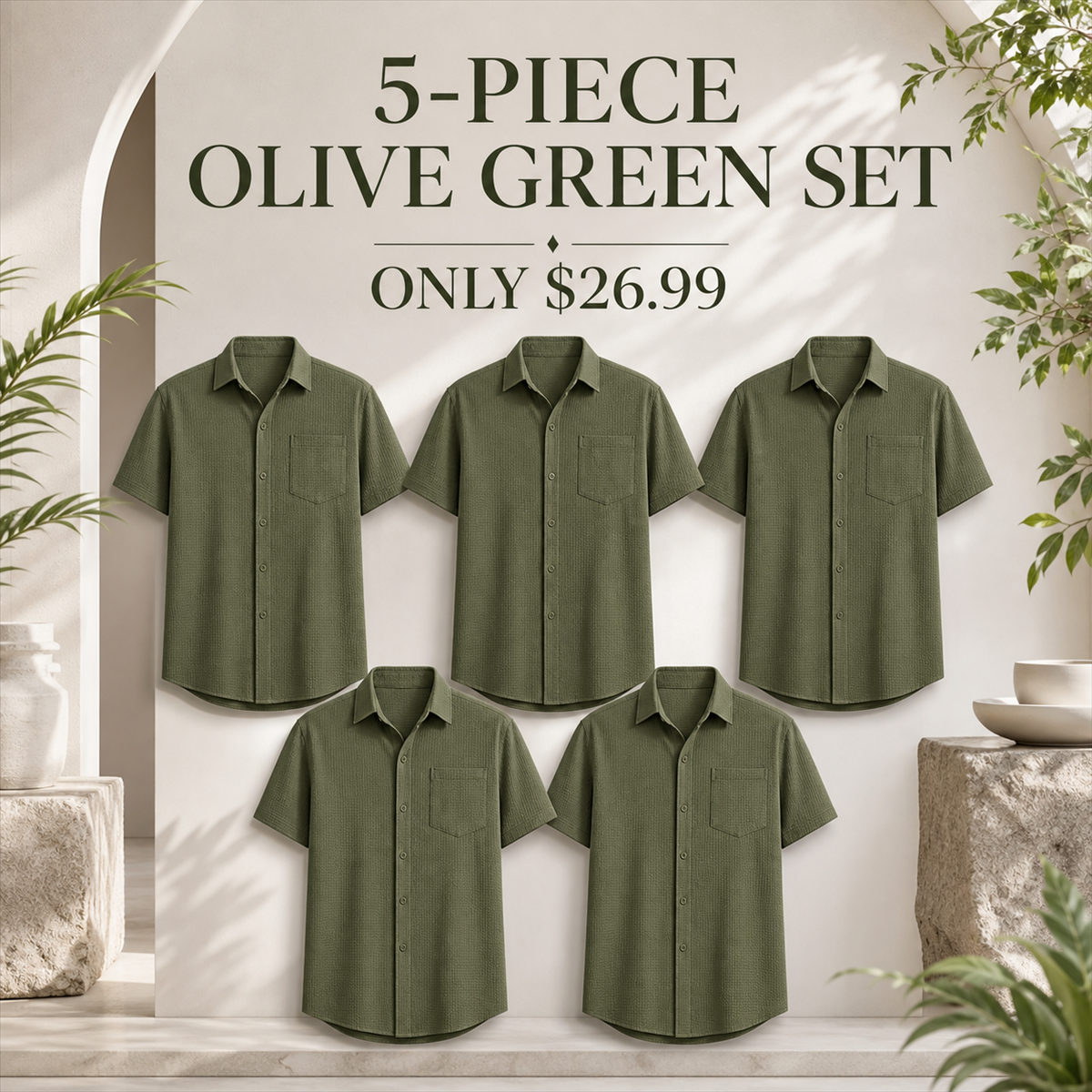 Men's Textured Short-Sleeve Button-Front Shirt with Chest Pocket - 5-Piece Olive Green Set - $26.99