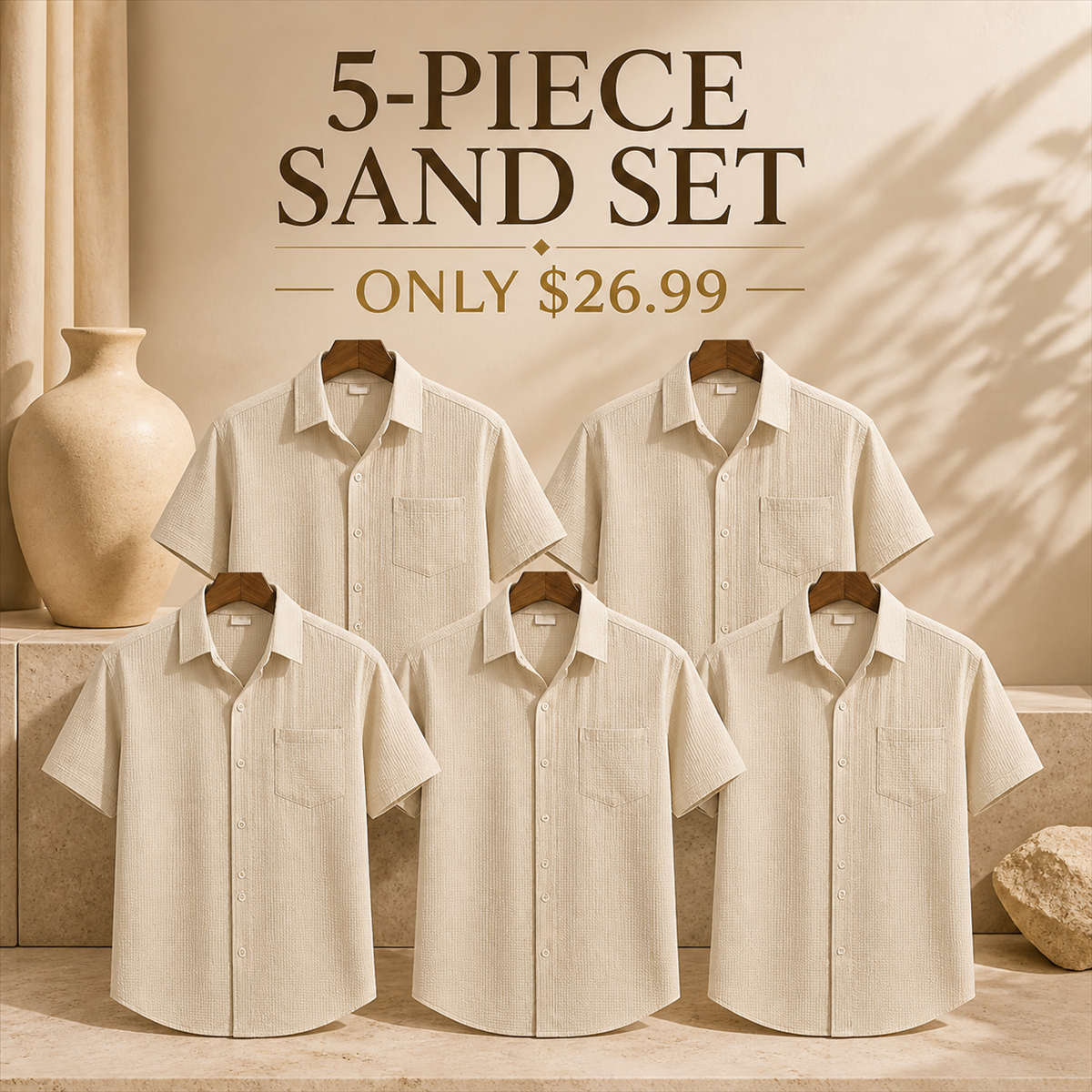 Men's Textured Short-Sleeve Button-Front Shirt with Chest Pocket - 5-Piece Sand Set - $26.99