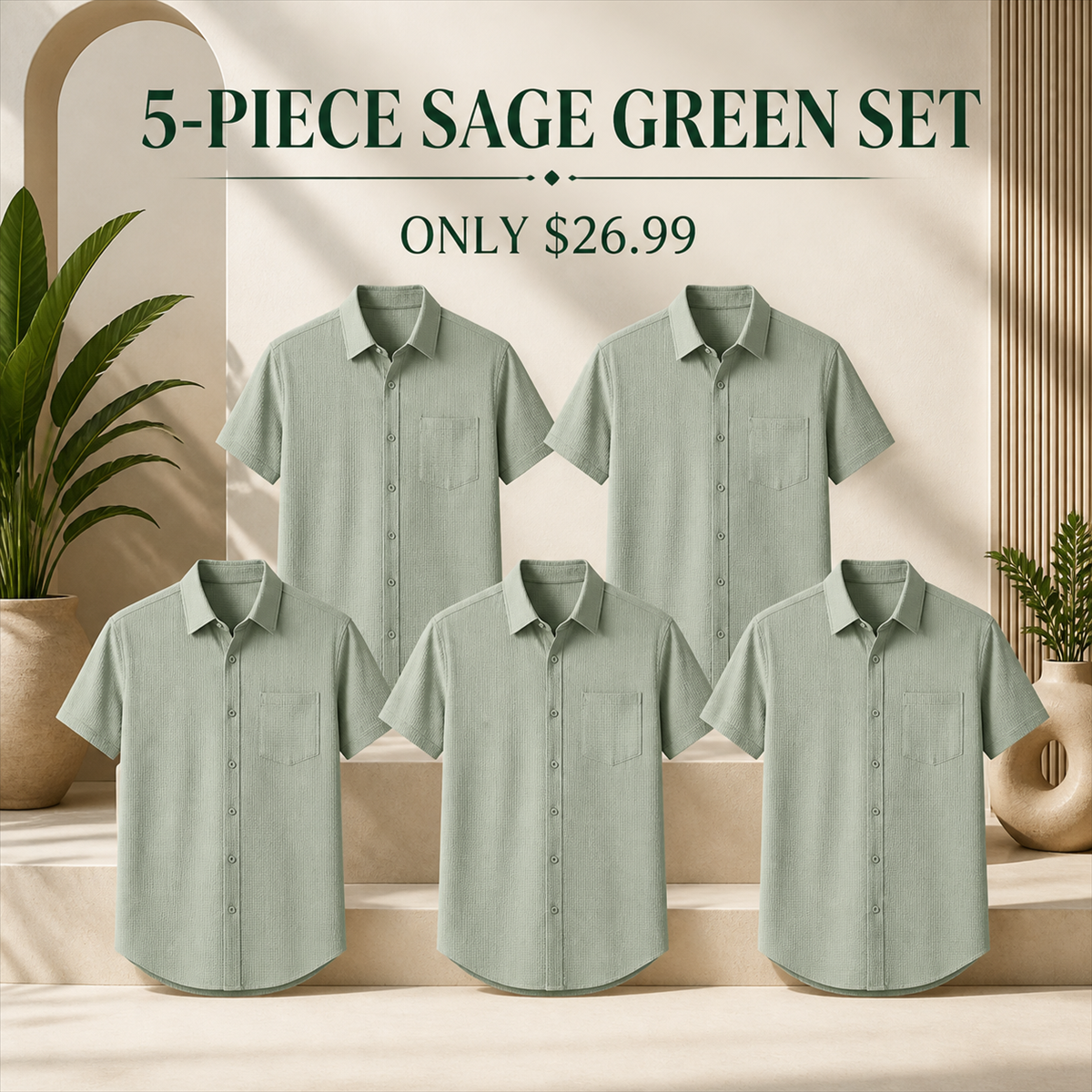 Men's Textured Short-Sleeve Button-Front Shirt with Chest Pocket - 5-Piece Sage Green Set - $26.99