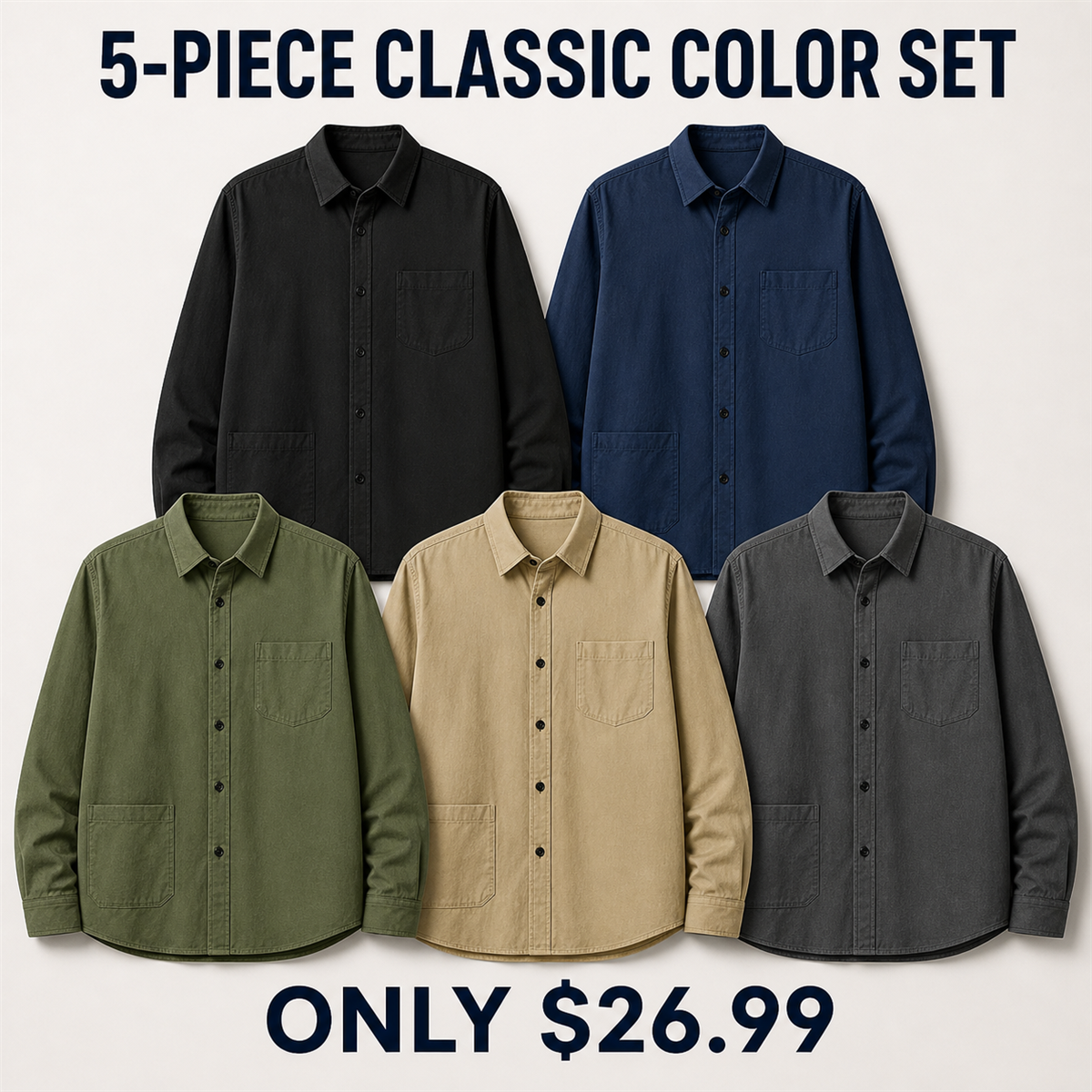 Men's Relaxed Long-Sleeve Two-Pocket Button-Front Overshirt - 5-Piece Classic Color Set - $26.99
