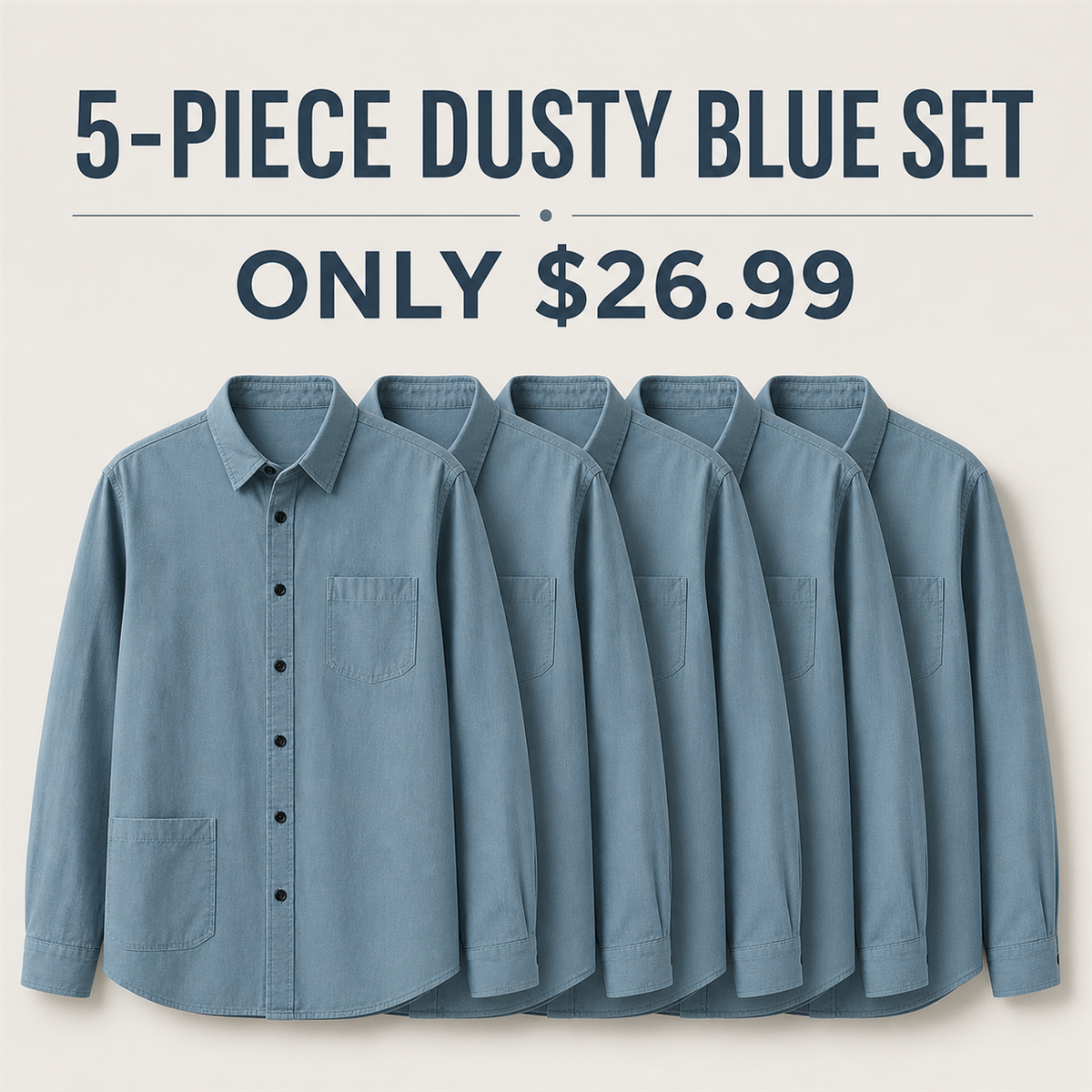 Men's Relaxed Long-Sleeve Two-Pocket Button-Front Overshirt - 5-Piece Dusty Blue Set - $26.99