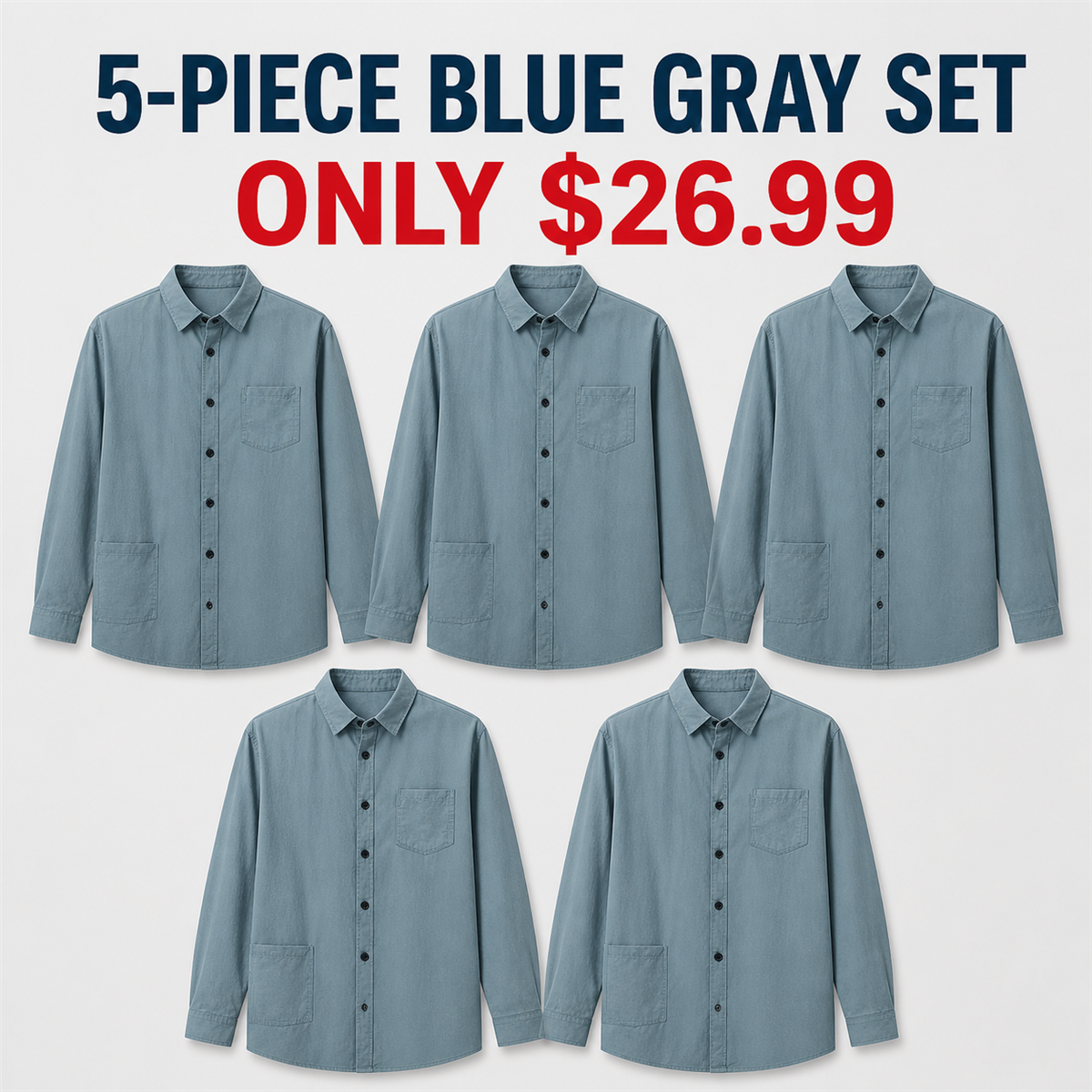Men's Relaxed Long-Sleeve Two-Pocket Button-Front Overshirt - 5-Piece Blue Gray Set - $26.99