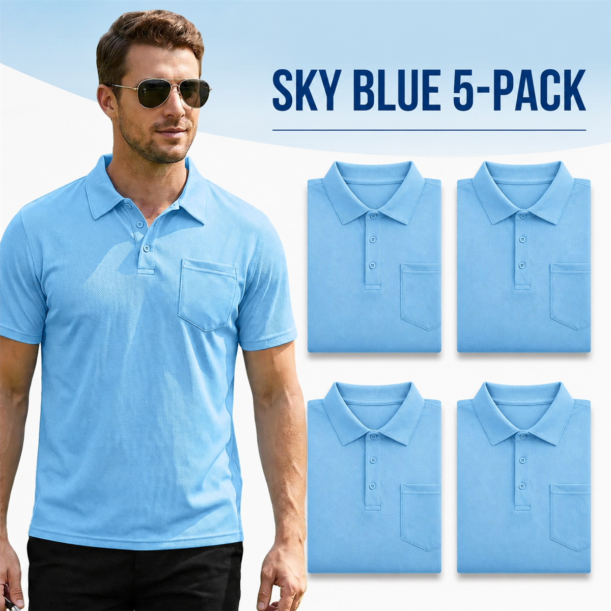 Men's Classic Short-Sleeve Polo Shirt with Chest Pocket - 5-Piece Sky Blue Set - $21.99