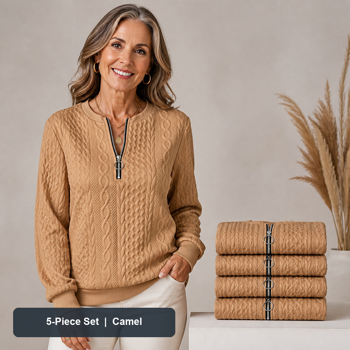Women's Cable-Knit Quarter-Zip Pullover in Camel, same-color pack