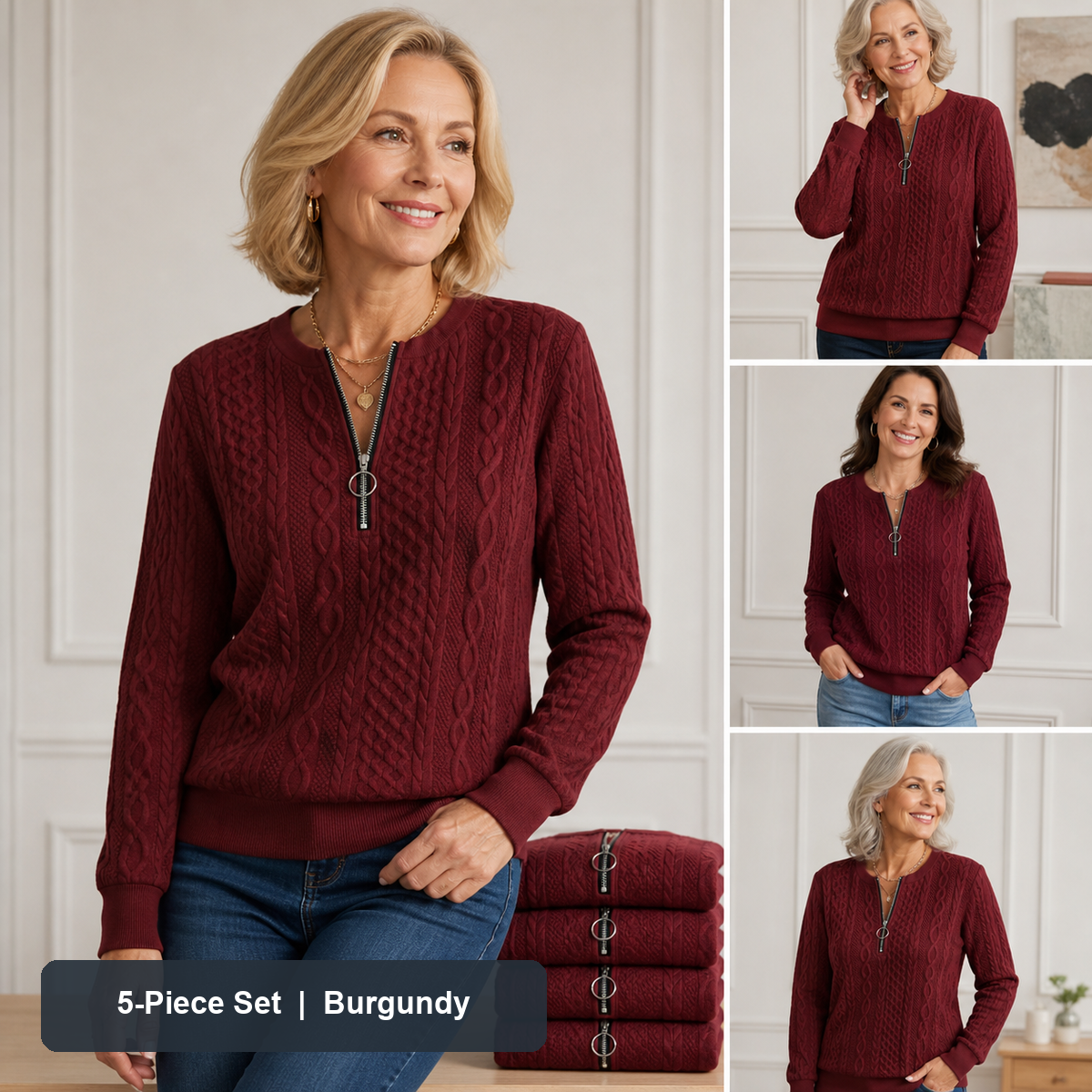 Women's Cable-Knit Quarter-Zip Pullover in Burgundy, same-color pack
