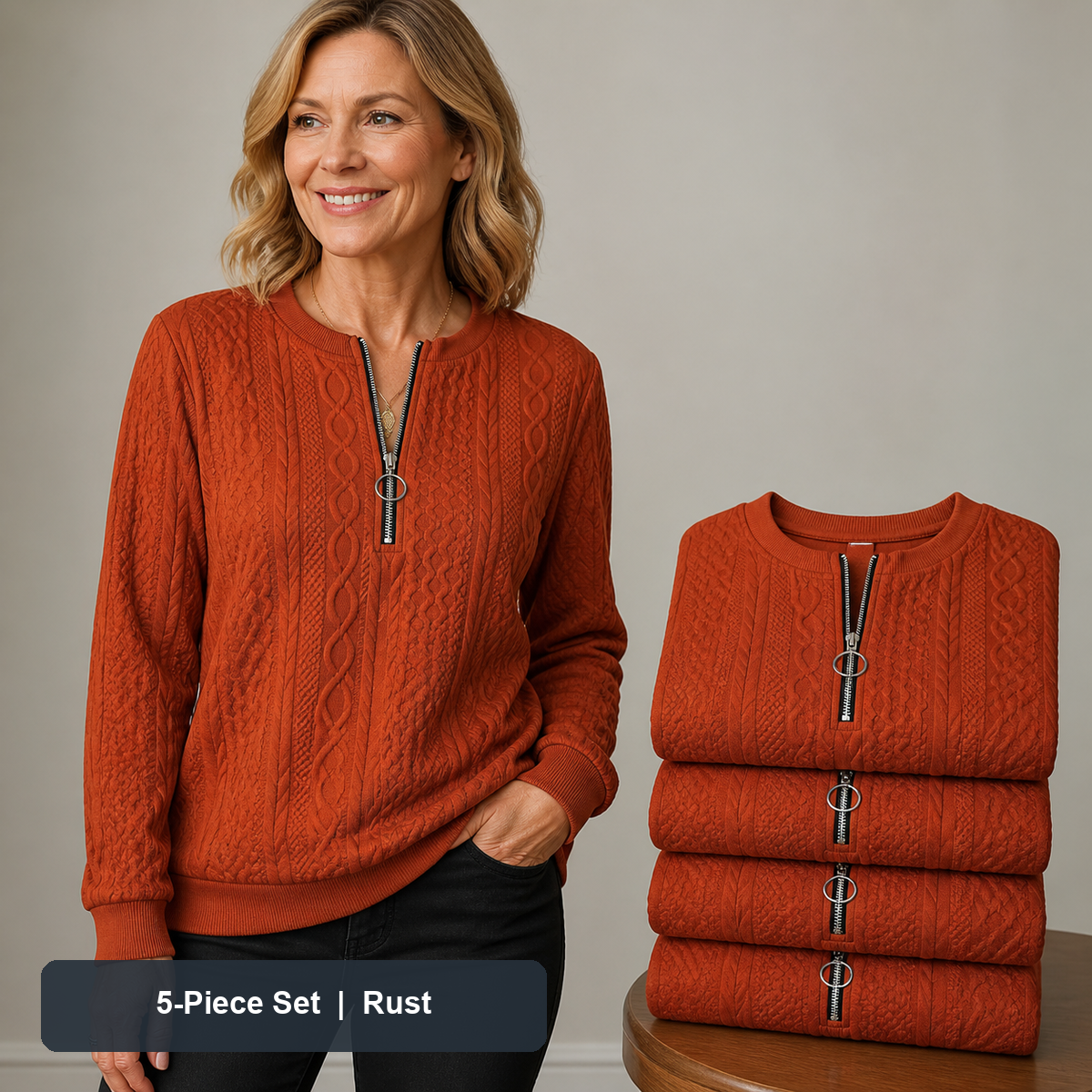 Women's Cable-Knit Quarter-Zip Pullover in Rust, same-color pack