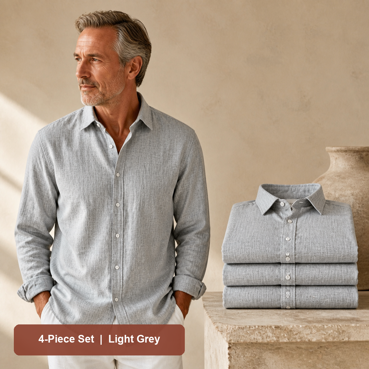 Men's Textured Long-Sleeve Button-Down Shirt in Light Grey, same-color pack